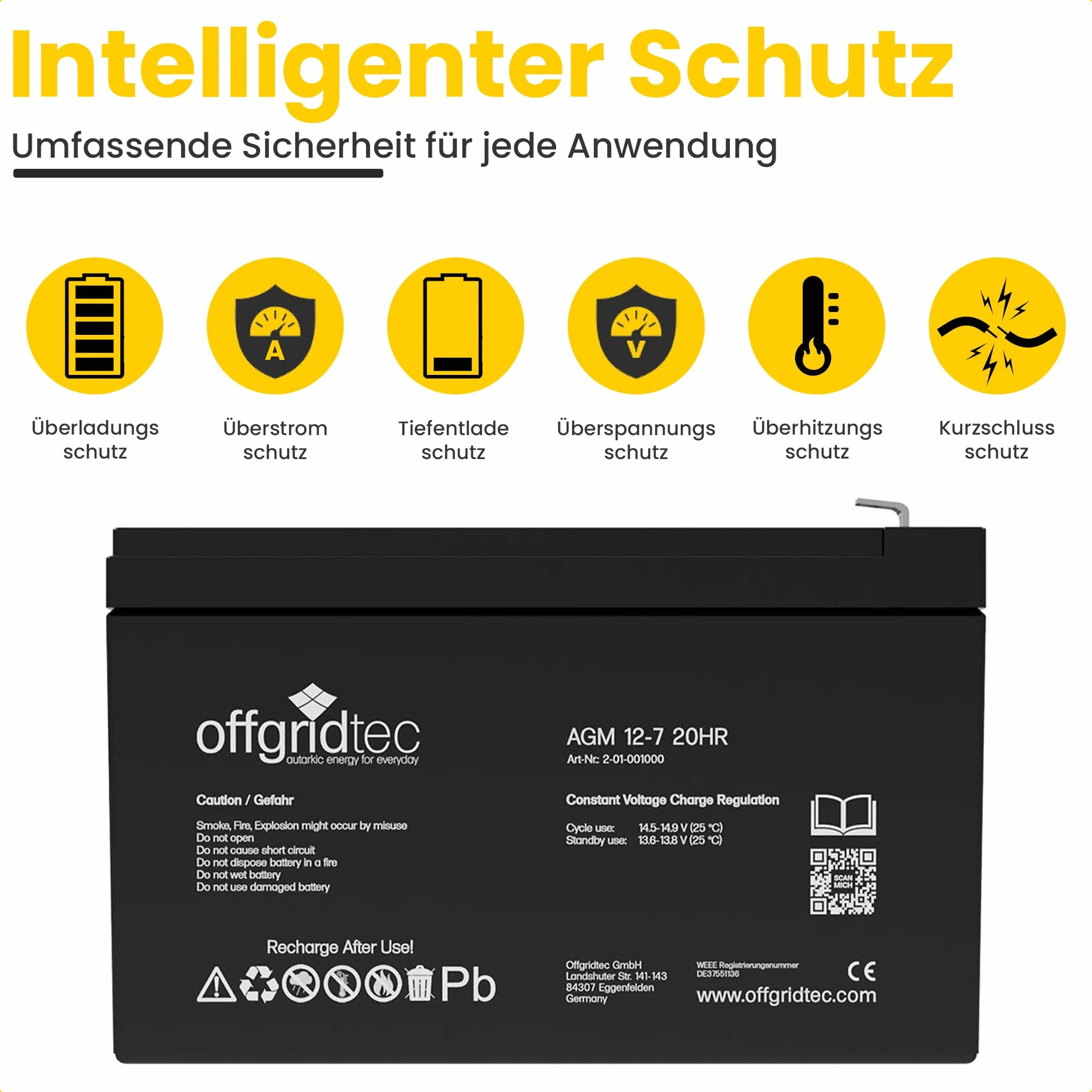 Offgridtec® Akumulator ołowiowy AGM 7 Ah 12 V, odporny na cykle UV, zamiennik akumulatora VRLA