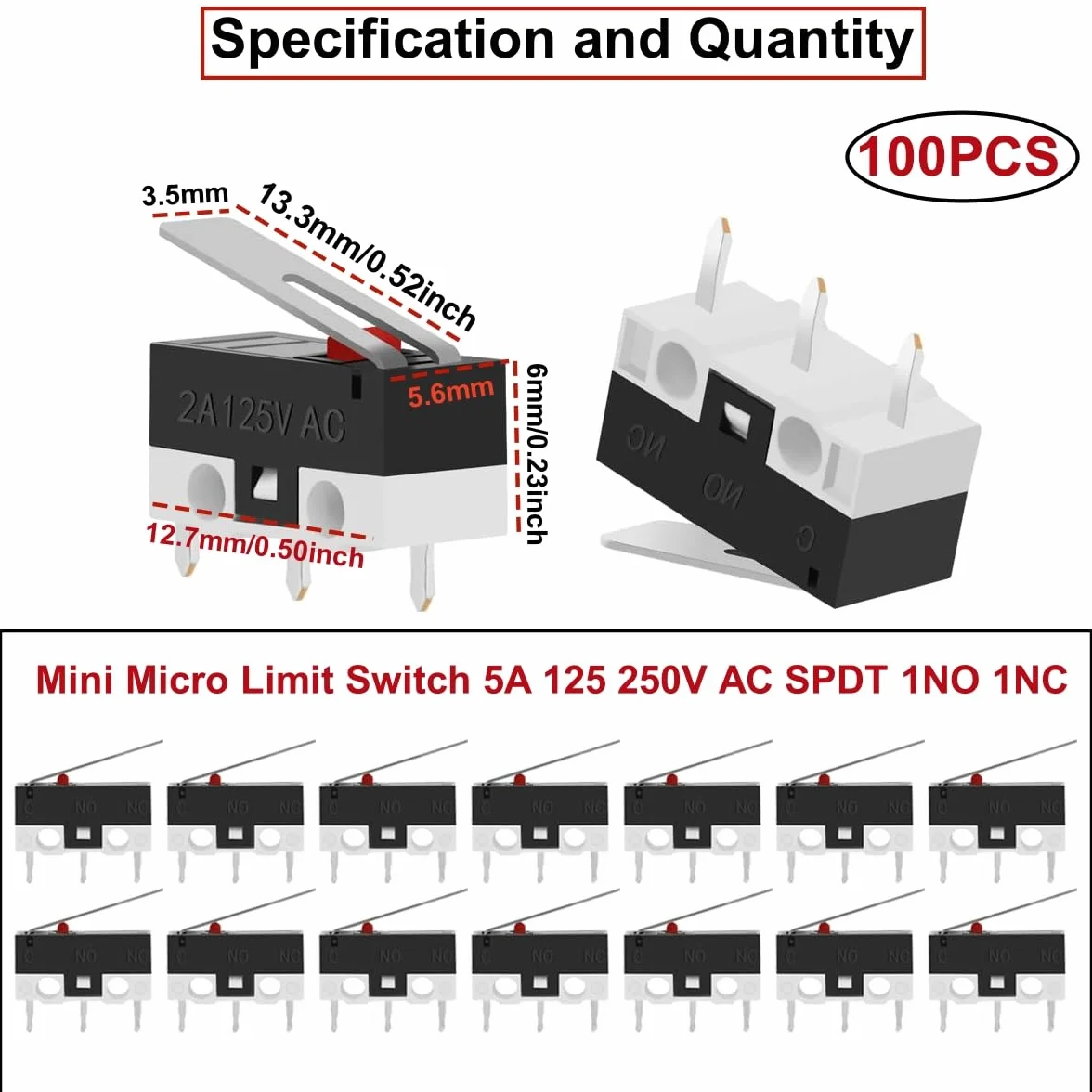 100 sztuk mini mikroprzełączników, AC 1 A 125 V 3-pinowa dźwignia zawiasowa SPDT, mechaniczny wyłącznik krańcowy, chwilowy wyłącznik krańcowy micro do Arduino