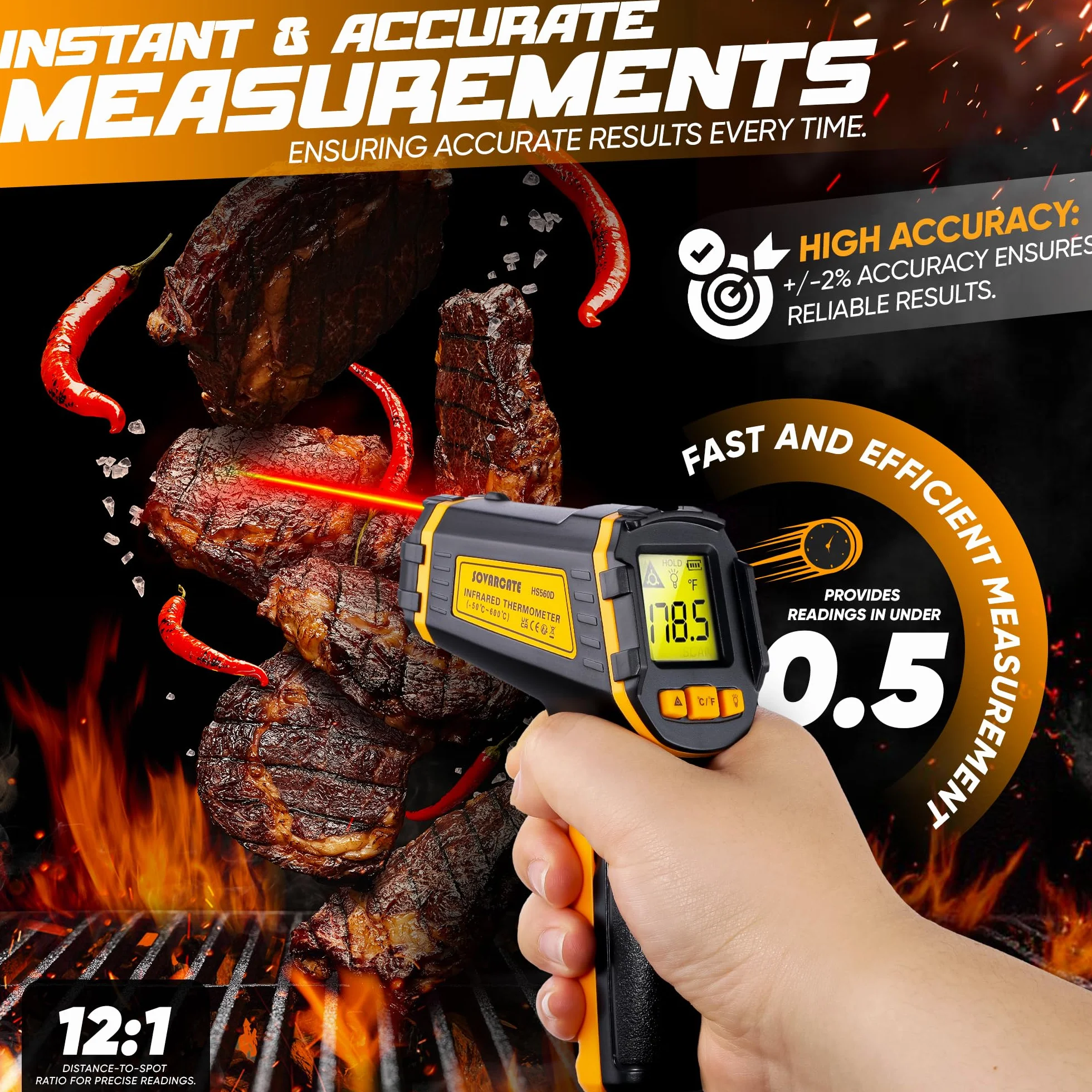 Termometr Podczerwień -50℃~600℃ Bezdotykowy Cyfrowy Laserowy Termometr do Gotowania, Pizzy, Piekarnika, Lodówki, Żywności, Naprawy Samochodu, Zamrażarki, Cukierków