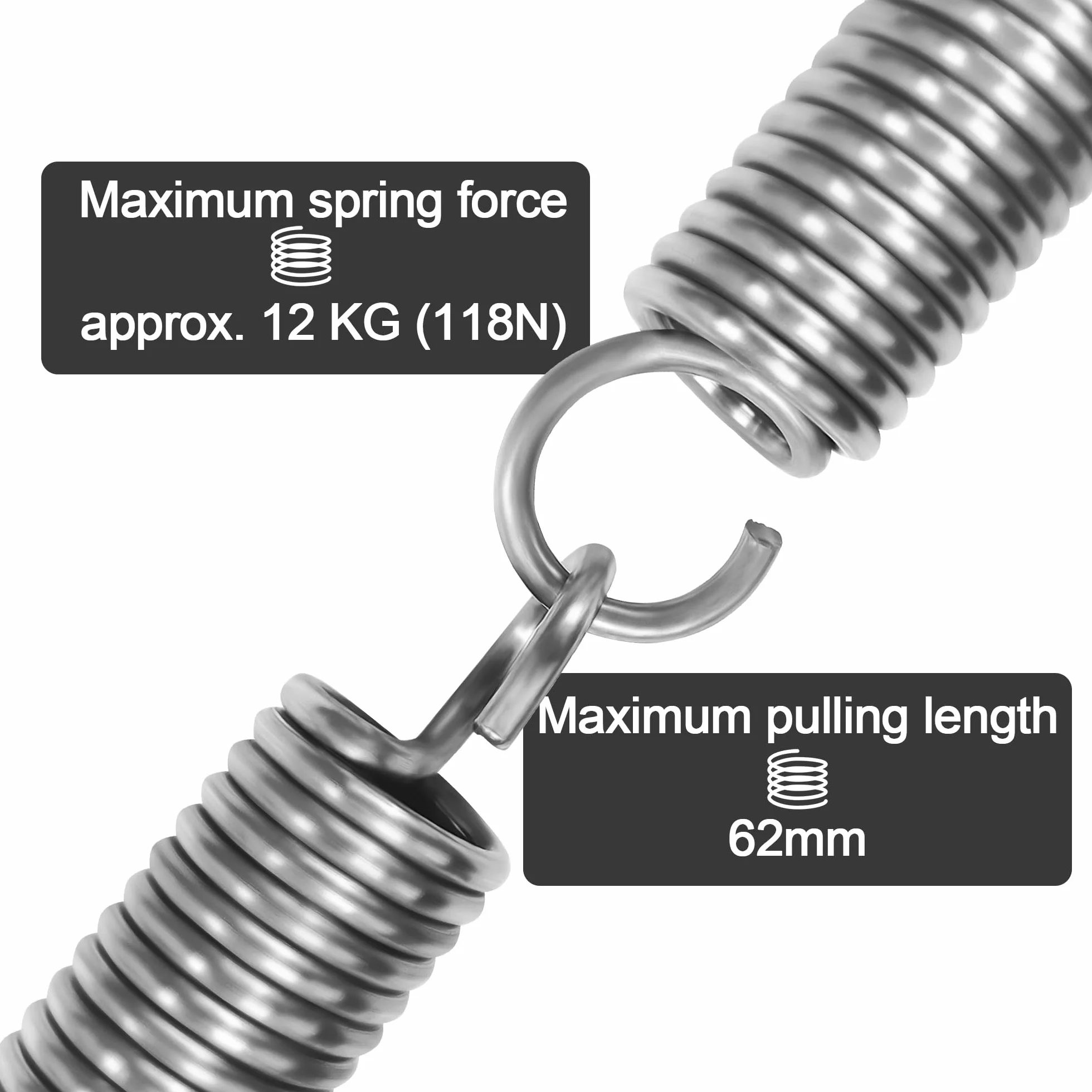 Sprężyny naciągowe ze stali nierdzewnej 50 mm, średnica zewnętrzna 15 mm, drut 2,2 mm, siła 13 kg