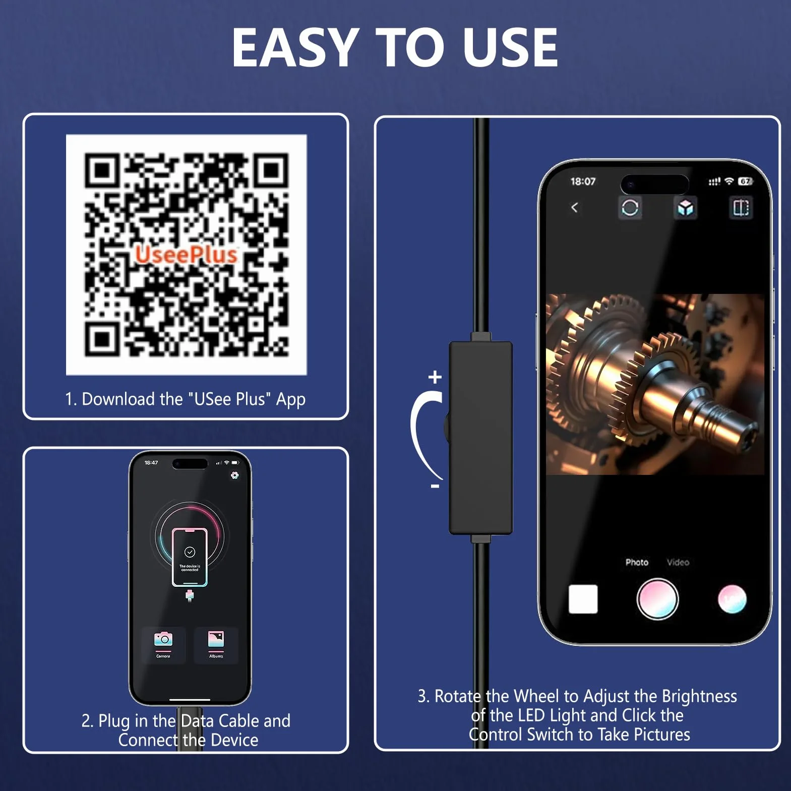 Kamera Endoskopowa z Oświetleniem, Kamera Rurowa HD 1920 z 8 Diodami LED, nie Wymaga Wi-Fi, Wodoodporna Kamera Endoskopowa IP67 do Telefonów i Tabletów z Systemem Android i iOS (5 m)