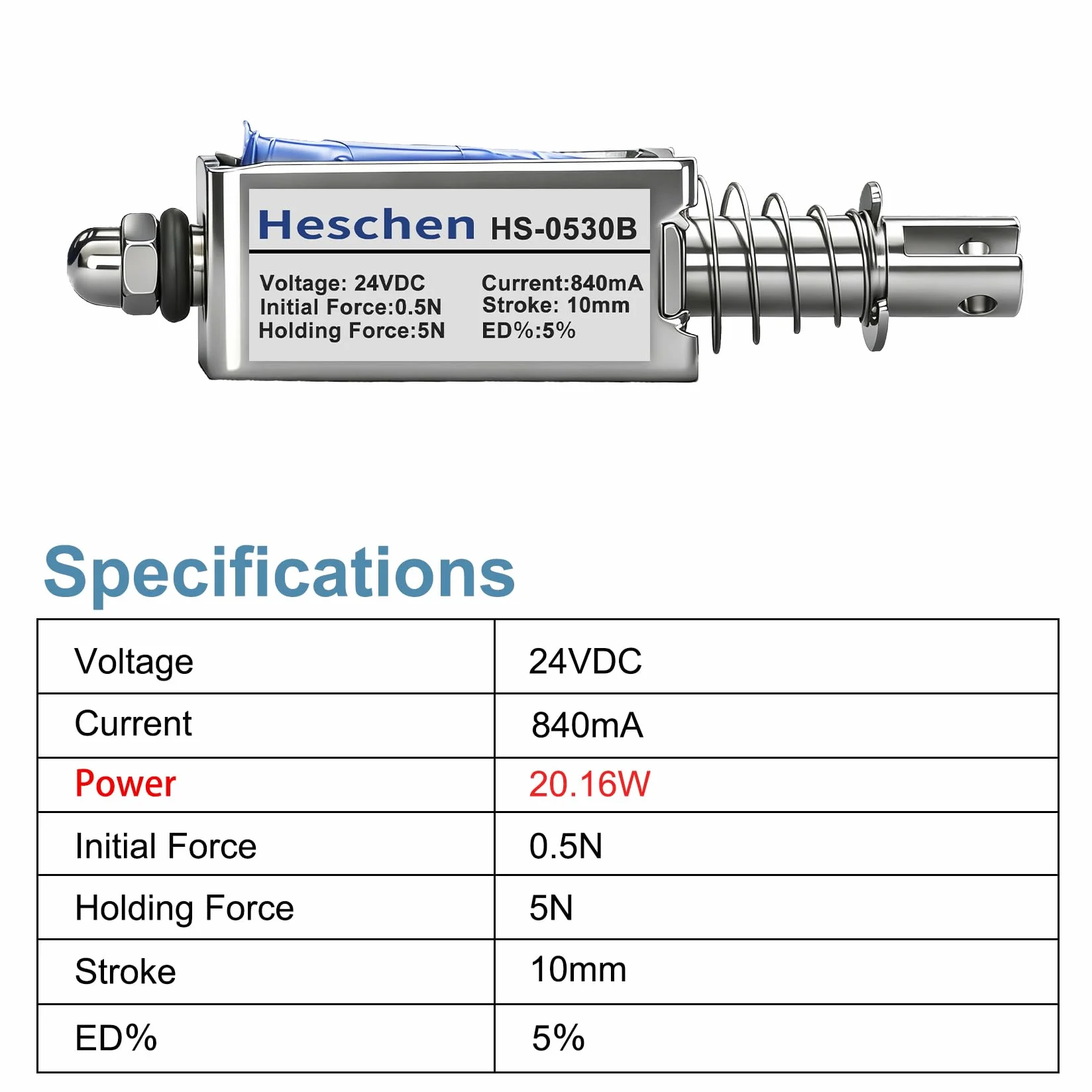 Heschen Magnes elektromagnetyczny, HS-0530B, DC24V, 5N, skok 10 mm, typ Push Pull, otwarta rama