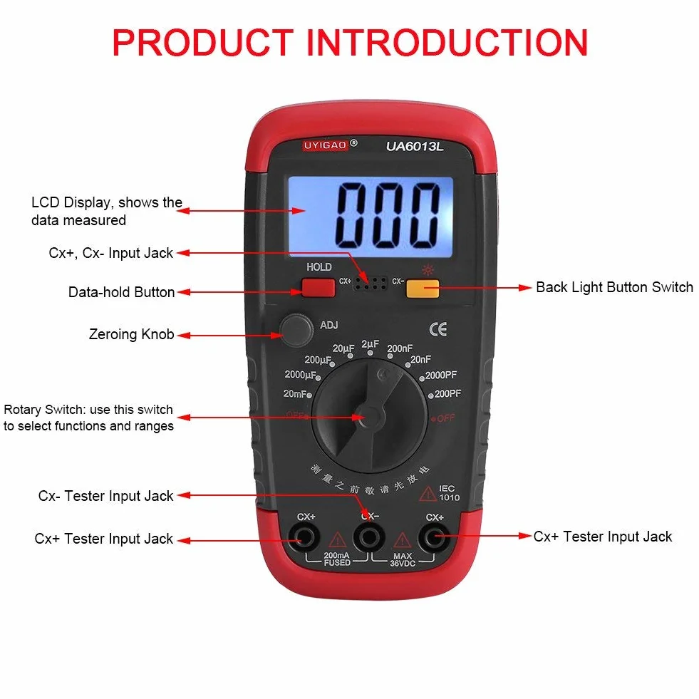 Cyfrowy miernik pojemności tester kondensatorów Pro 0,1 pF - 20 000 uF z podświetleniem LCD 1999
