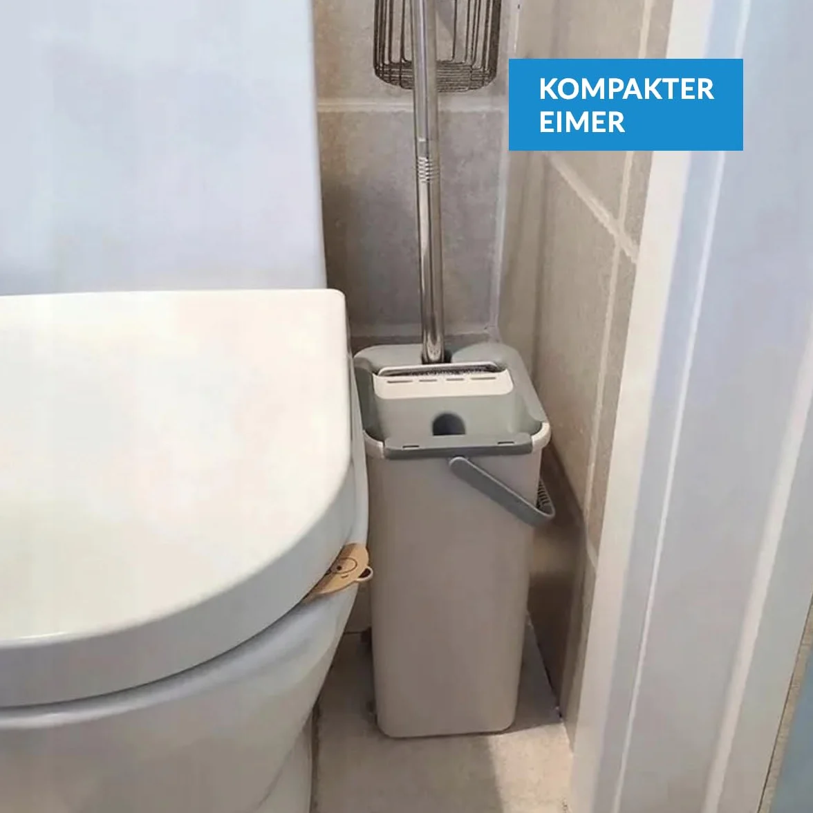 Płaski mop z dwukomorowym wiadrem i podkładkami z mikrofibry – drążek teleskopowy, kompaktowa konstrukcja, wydajne czyszczenie wszystkich podłóg