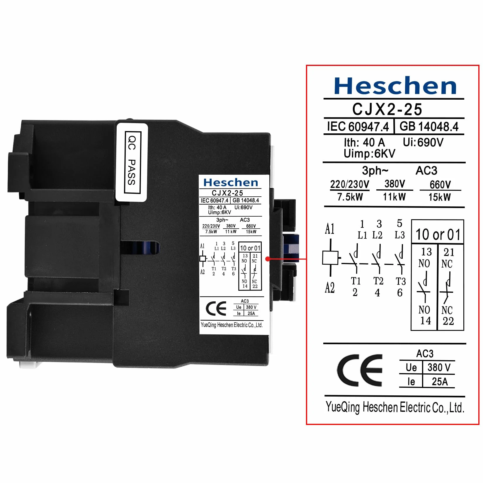 Heschen Stycznik AC, CJX2-2510, cewka 24 V 50/60 Hz, 3P, 3-biegunowa, normalnie otwarta, Ie 25 A, Ue 380 V
