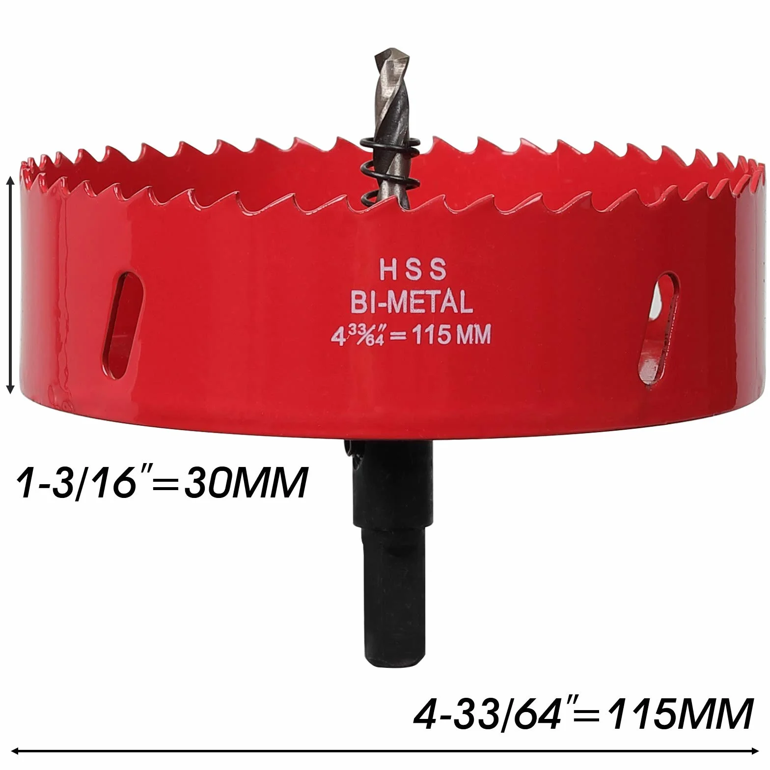 Otwornica 115 mm, stal szybkotnąca HSS M42, bimetalowa, otwornica z trzpieniem sześciokątnym i wiertłem do drewna, suchej zabudowy i blachy metalowej, 1 sztuka, czerwona