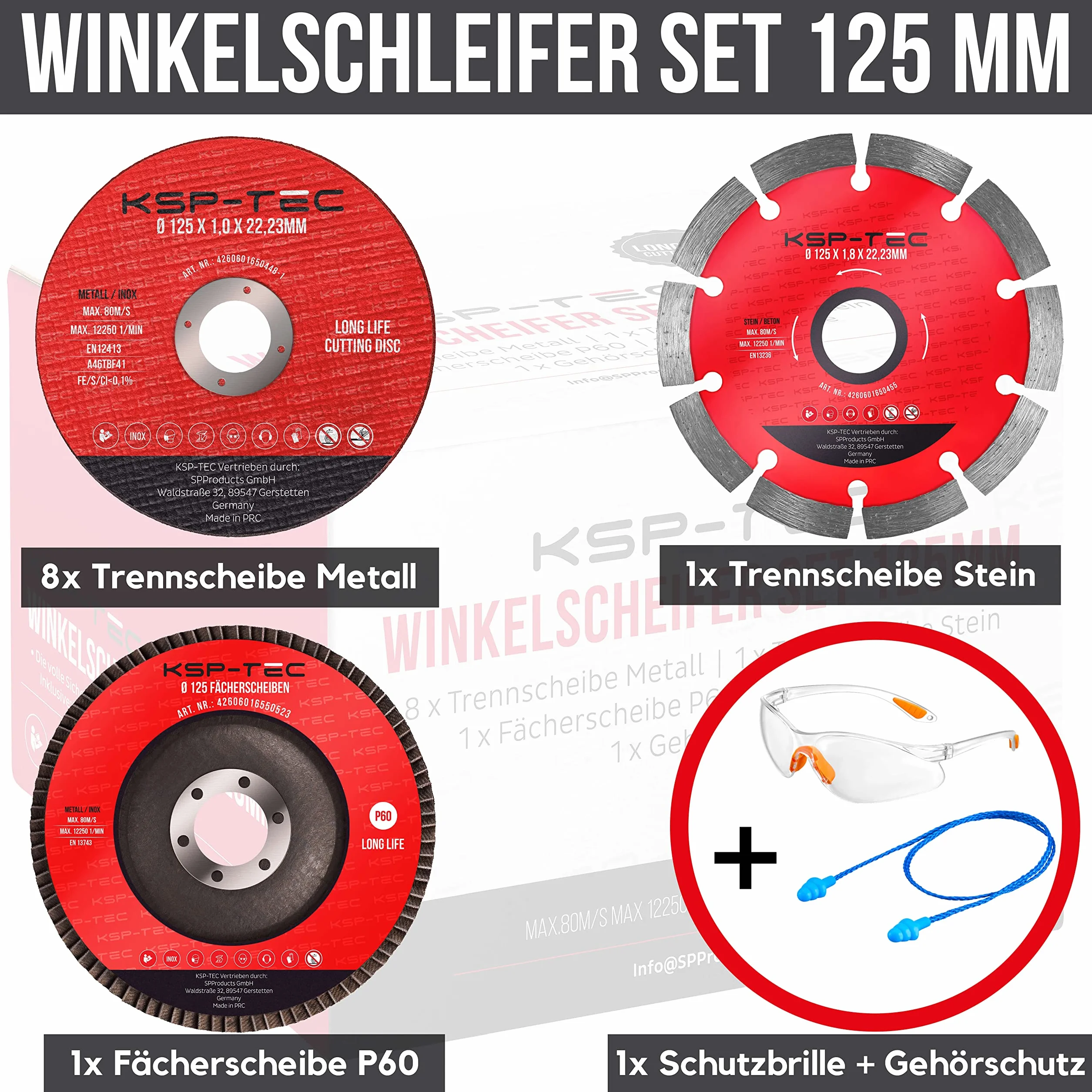 KSP-Tec® │8 tarcz do cięcia 125 x 1,0 mm [z okularami ochronnymi i ochroną słuchu] szybka elastyczna z kamienia, tarcza wachlarzowa