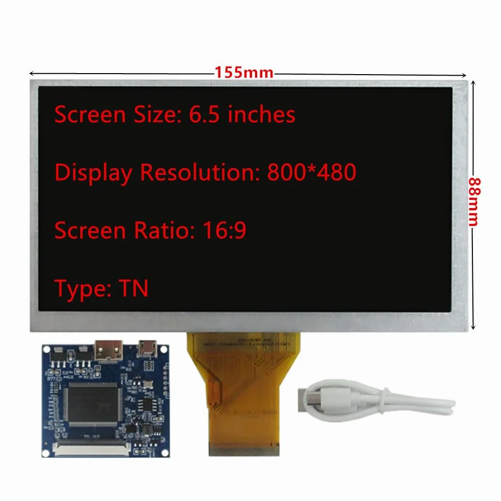 6,5 cala, 800 x 480, uniwersalny, przenośny, wyświetlacz LCD, mini HDMI, 5 V, płyta sterująca sterownikiem, Raspberry Pi PC, komputer, monitor drugi ekran.