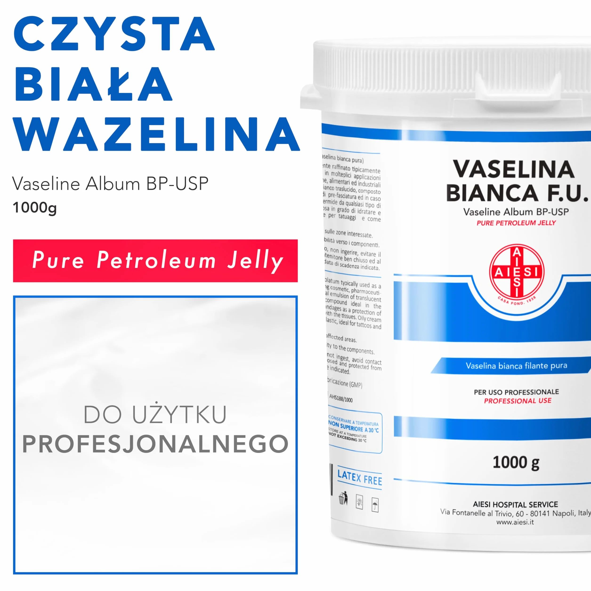 AIESI Czysta biała wirująca wazelina F.U. Słoik 1 kg do użytku medycznego dermatologicznego