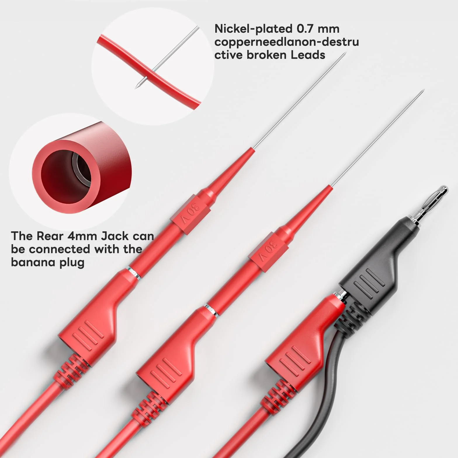 Zestaw przewodów testowych, klipsy krokodylkowe, kabel elektryczny, 4 mm, wtyczka bananowa do wtyczki bananowej, przewody testowe z sondami do przekłuwania drutu, 6 szt. do multimetru,