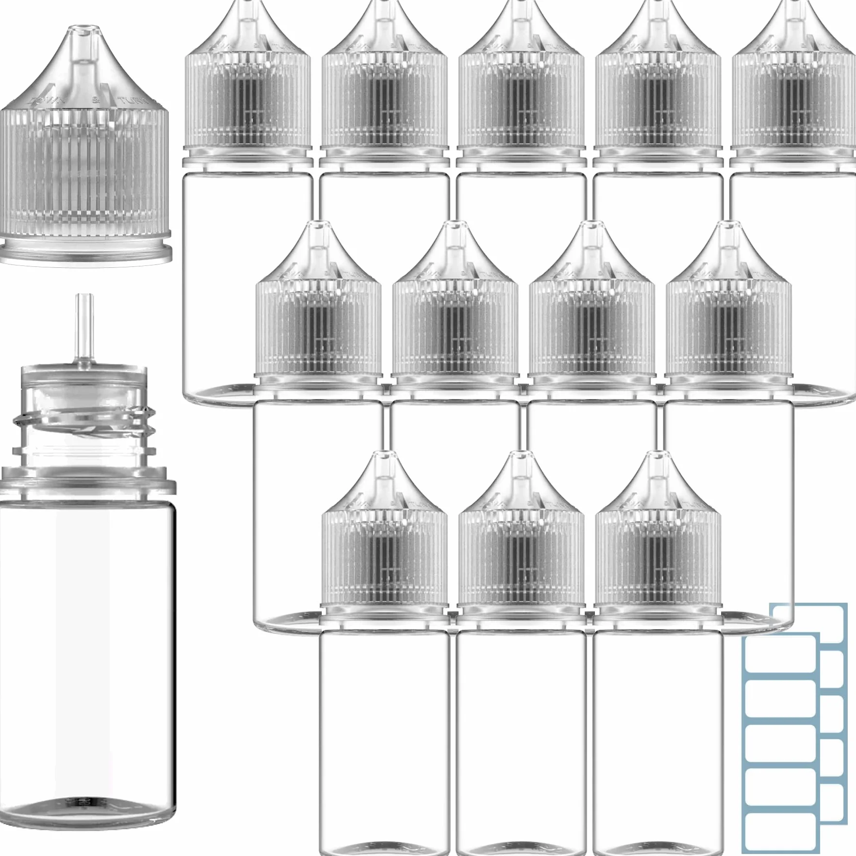 12 x 30 ML Butelka Butelka Pusta e Płyn Stożkowa Korek Jednorożec + Etykiety 30ML