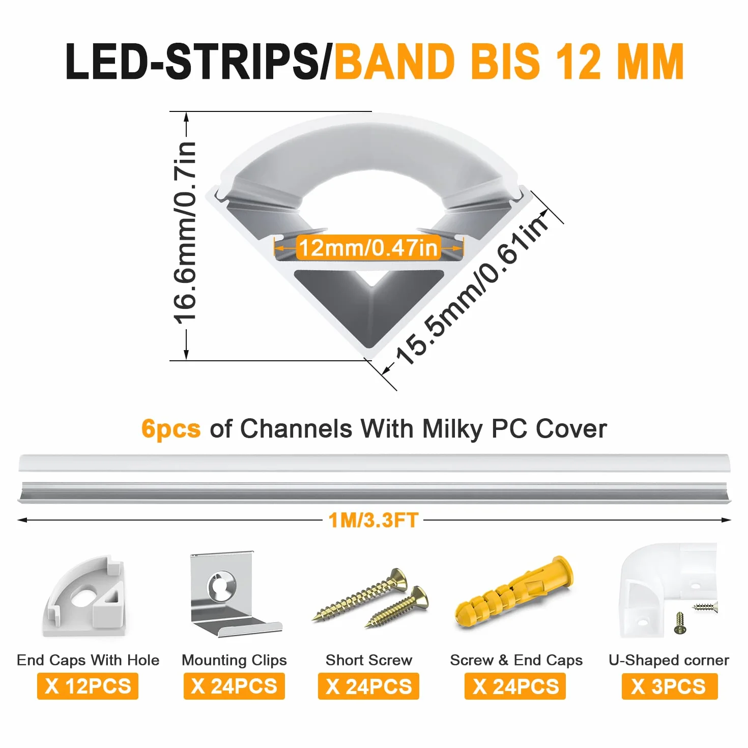 Angdarun Profil LED, 6 szt. w kształcie litery V, 1 m, do profilu aluminiowego LED, kanału, dyfuzora, z mlecznobiałą osłoną paska