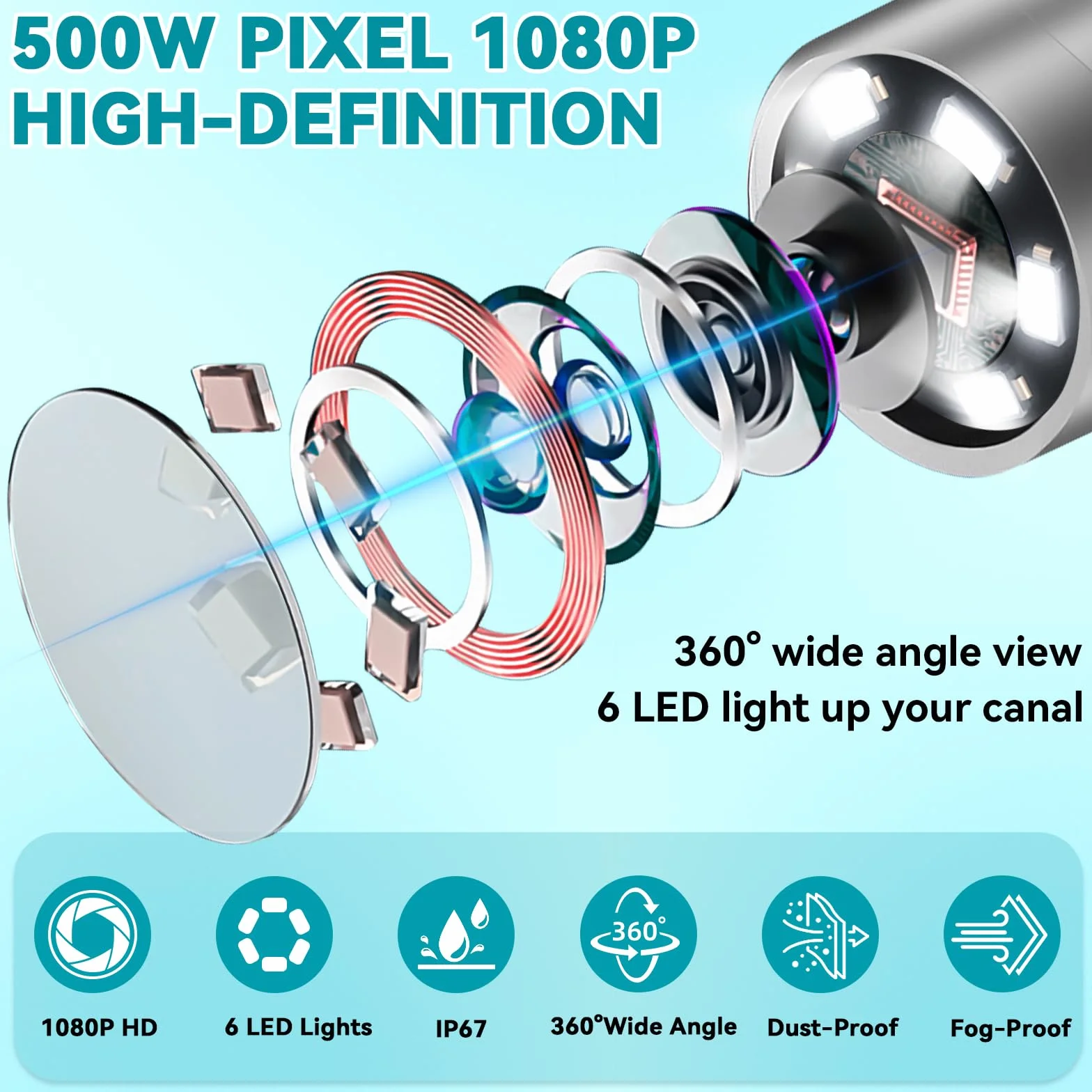 Endoskop uszny, WiFi, endoskop, otoskop, 1080P, IP67, wodoodporna kamera uszna HD z 6 diodami LED, otoskop, kompatybilna z ios i Androidem, dla iPhone, Android, iPad, dorosłych, dzieci, z