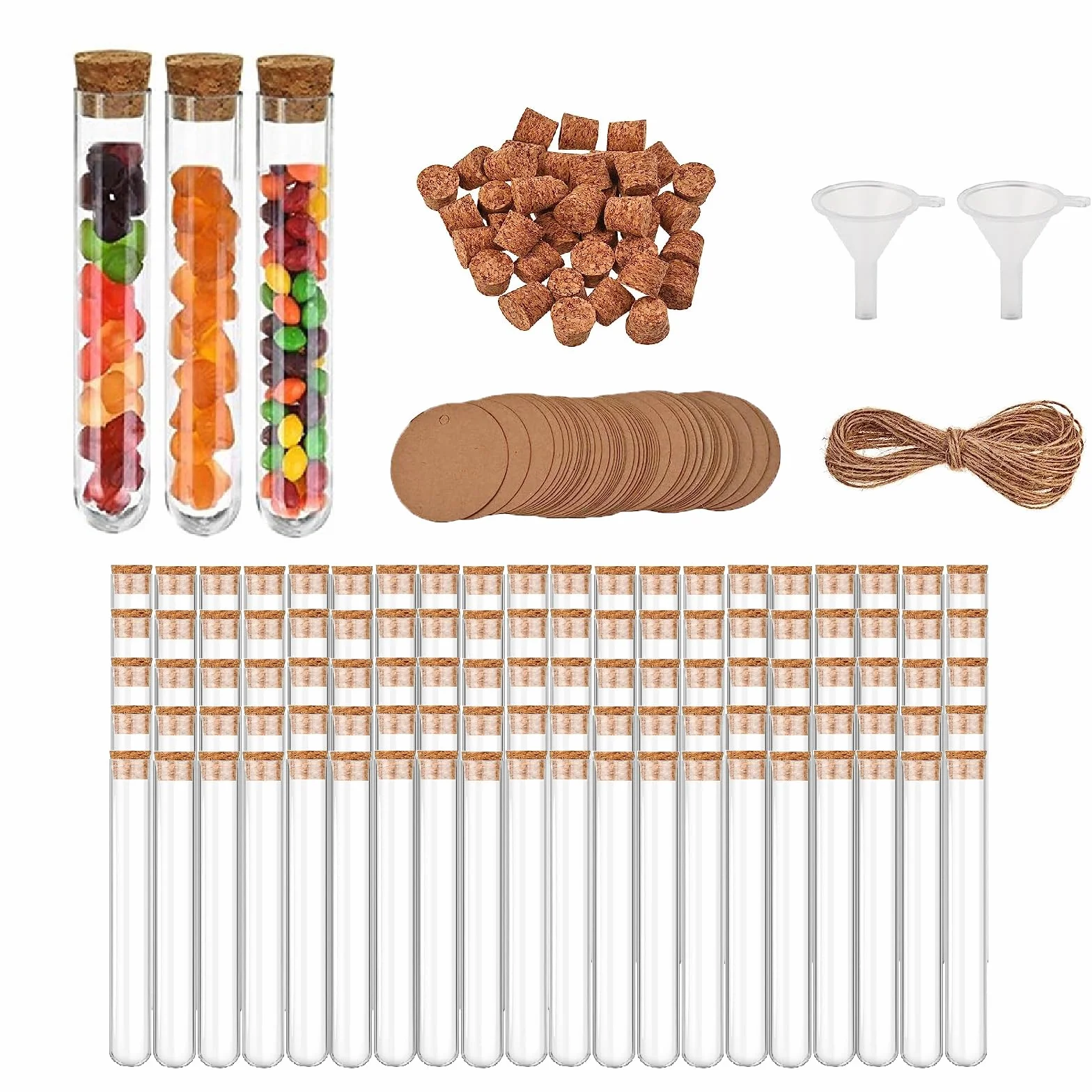 Probówki z korkiem 15 x 100 mm 13 ml zestaw z zawieszkami kraft i liną konopną DIY