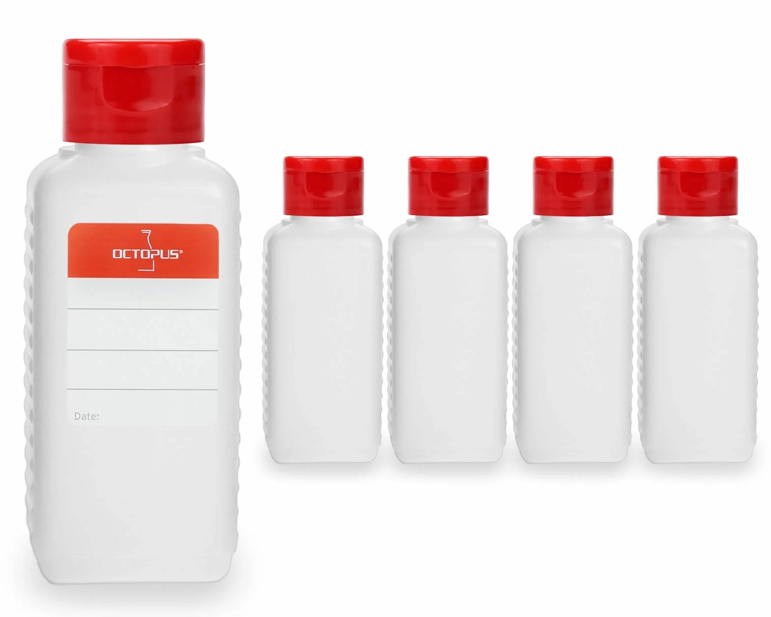 Plastikowe butelki HDPE 100 ml Octopus z czerwoną pokrywką i etykietami