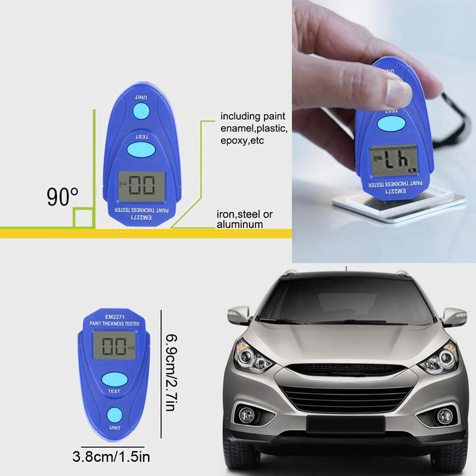 Miernik Lakieru Samochodowego, Miernik Grubości Lakieru Samochodowego 0.0mm do 2.0mm/0mil do 80mil Tester Powłoki LCD Cyfrowe Urządzenie Pomiarowe