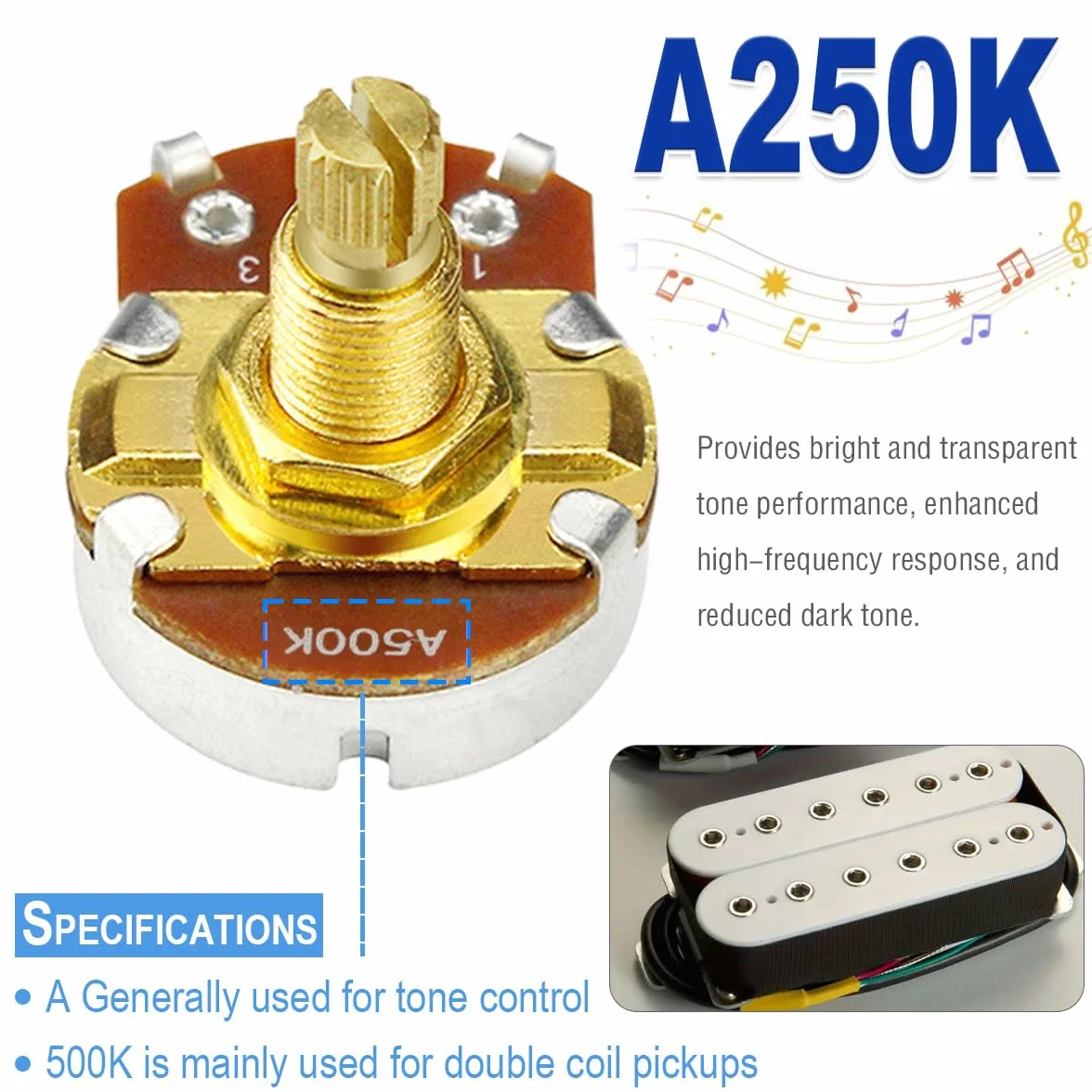 A500K potencjometr do gitar, 18 mm, mosiężny trzonek metryczny, potencjometr audio, 18 split, do gitary elektrycznej, basowej (zestaw 5 szt.)