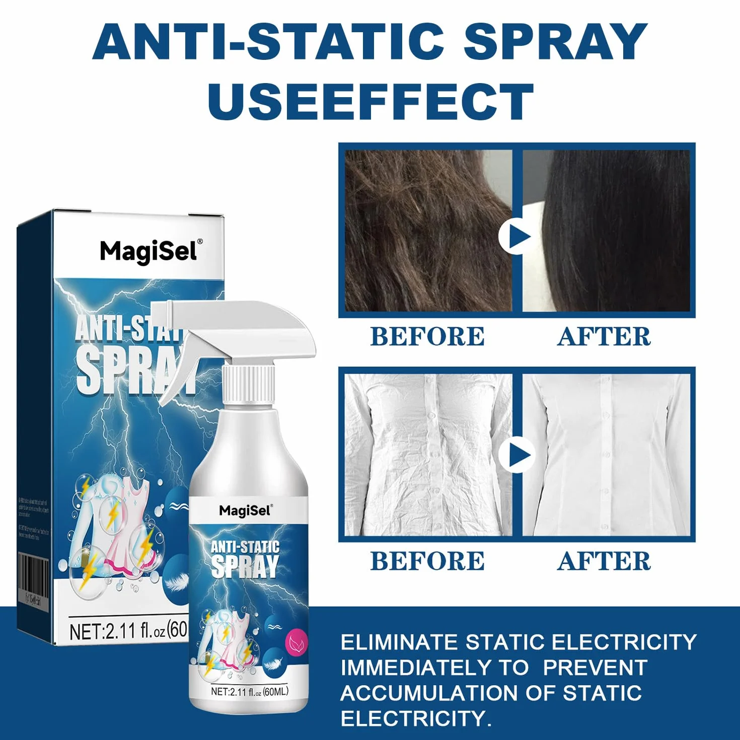Antystatyczny spray antystatyczny do ubrań i samochodów, do tkanin, ubrań, tkanin i samochodów, szybki efekt antystatyczny, 60 ml