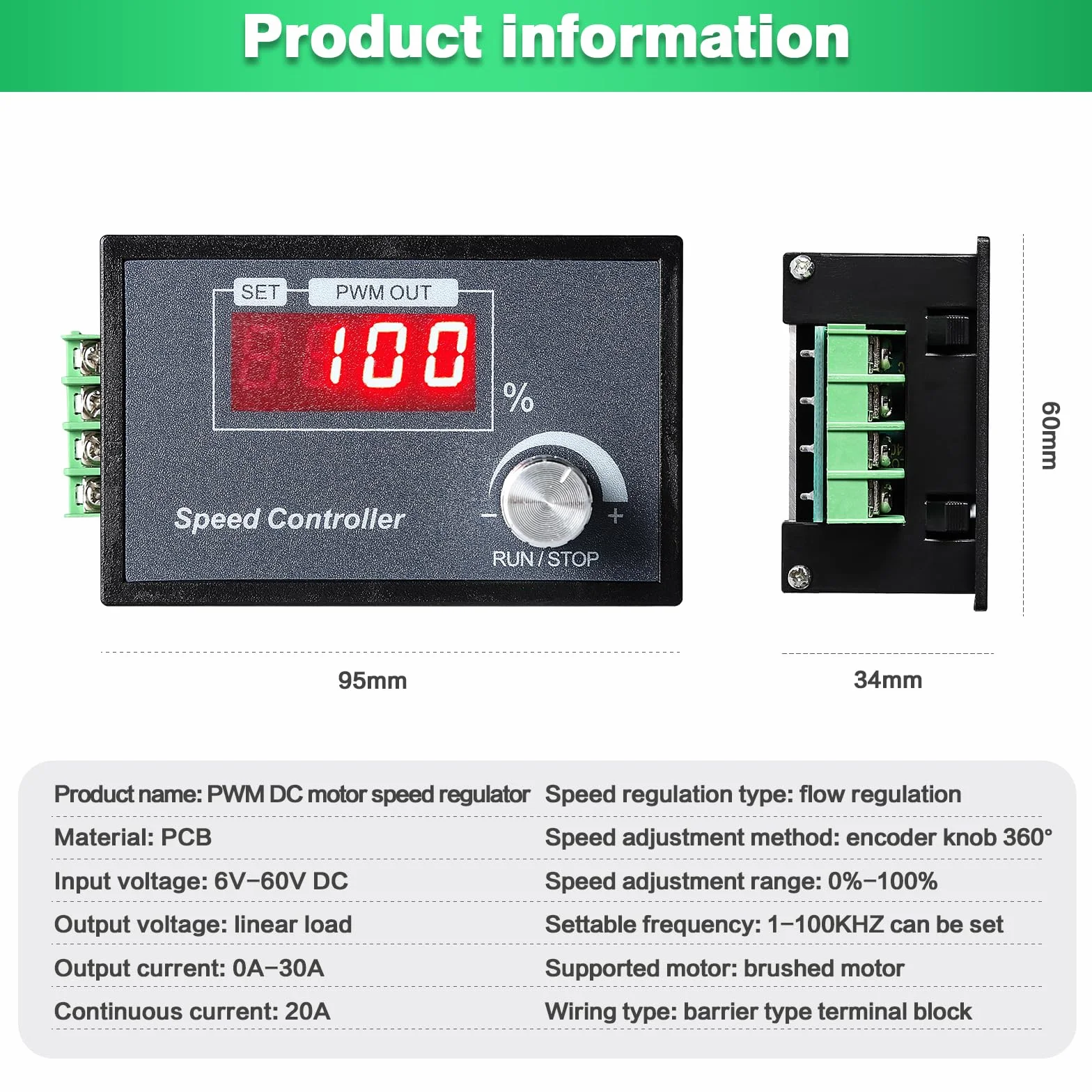 Kontroler prędkości PWM DC 6-60 V 30 A, regulator silnika prądu stałego, regulowany bezstopniowy