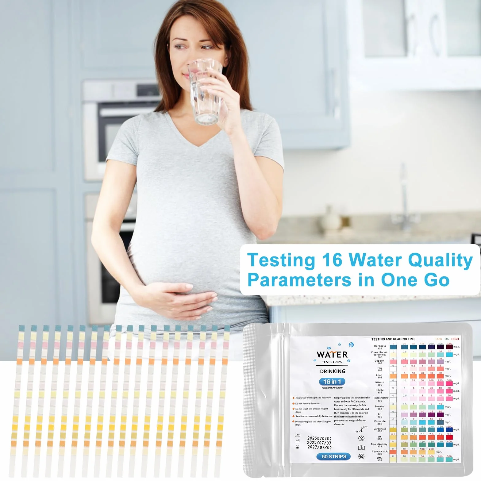 TNSLAND 50 x 16 w 1 paski testowe do wody pitnej, paski testowe pH wody, jakość wody, pomiar twardości wody, test wody na obecność ołowiu, żelaza, miedzi itp. Tester wartości pH w domu, do akwarium
