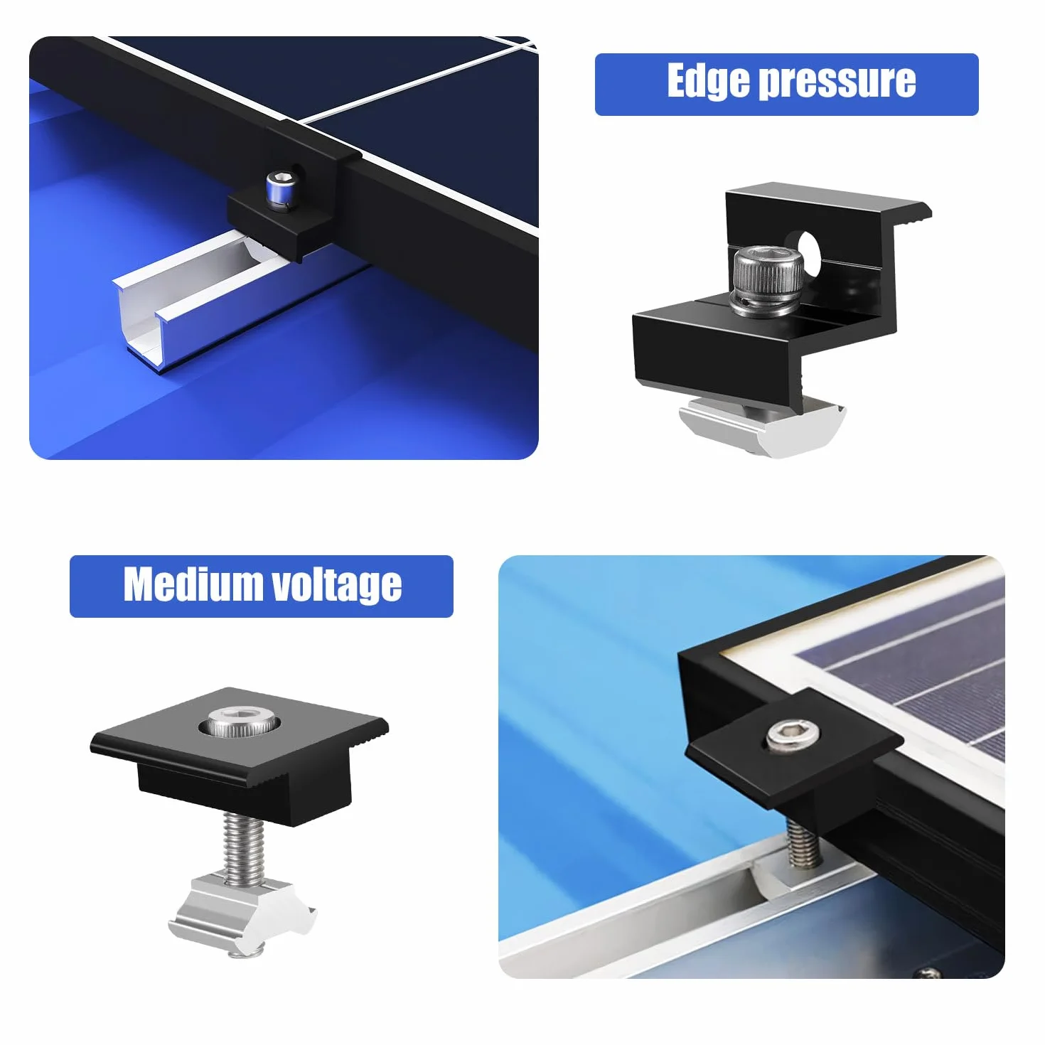 Zestaw wsporników modułu solarnego (12 cm) i akcesoria, czarne, anodowane (30-35 mm), regulowany uchwyt do wspornika paneli słonecznych, modułów solarnych, wsporników solarnych, szyny