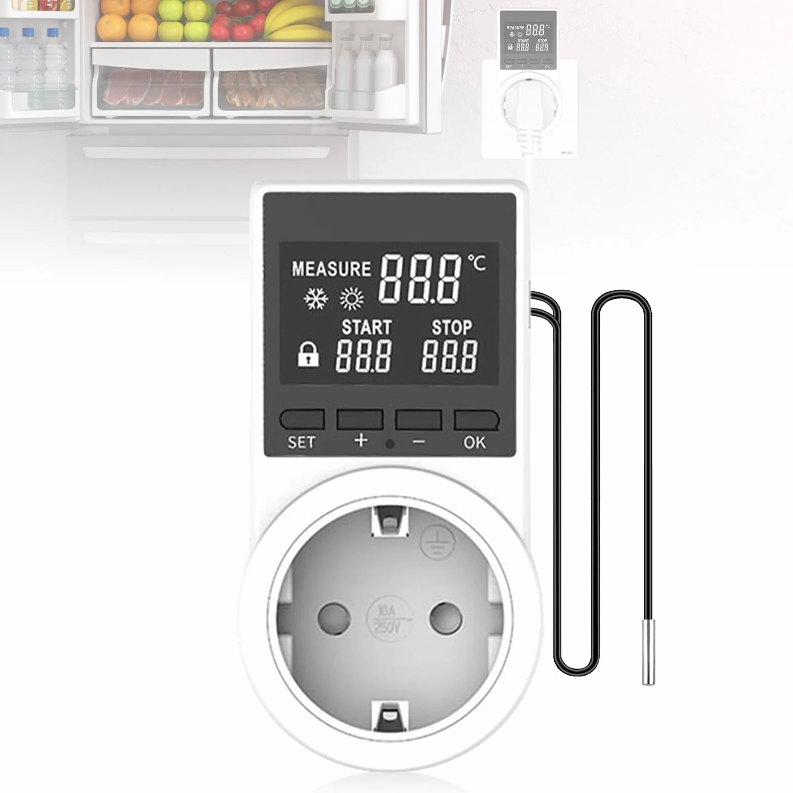 Cyfrowe gniazdko regulatora temperatury, cyfrowe gniazdko termostatu z czujnikiem ogrzewania chłodzenia przełącznik temperatury, 100-250V przełącznik termostatu z wyświetlaczem LED do szklarni