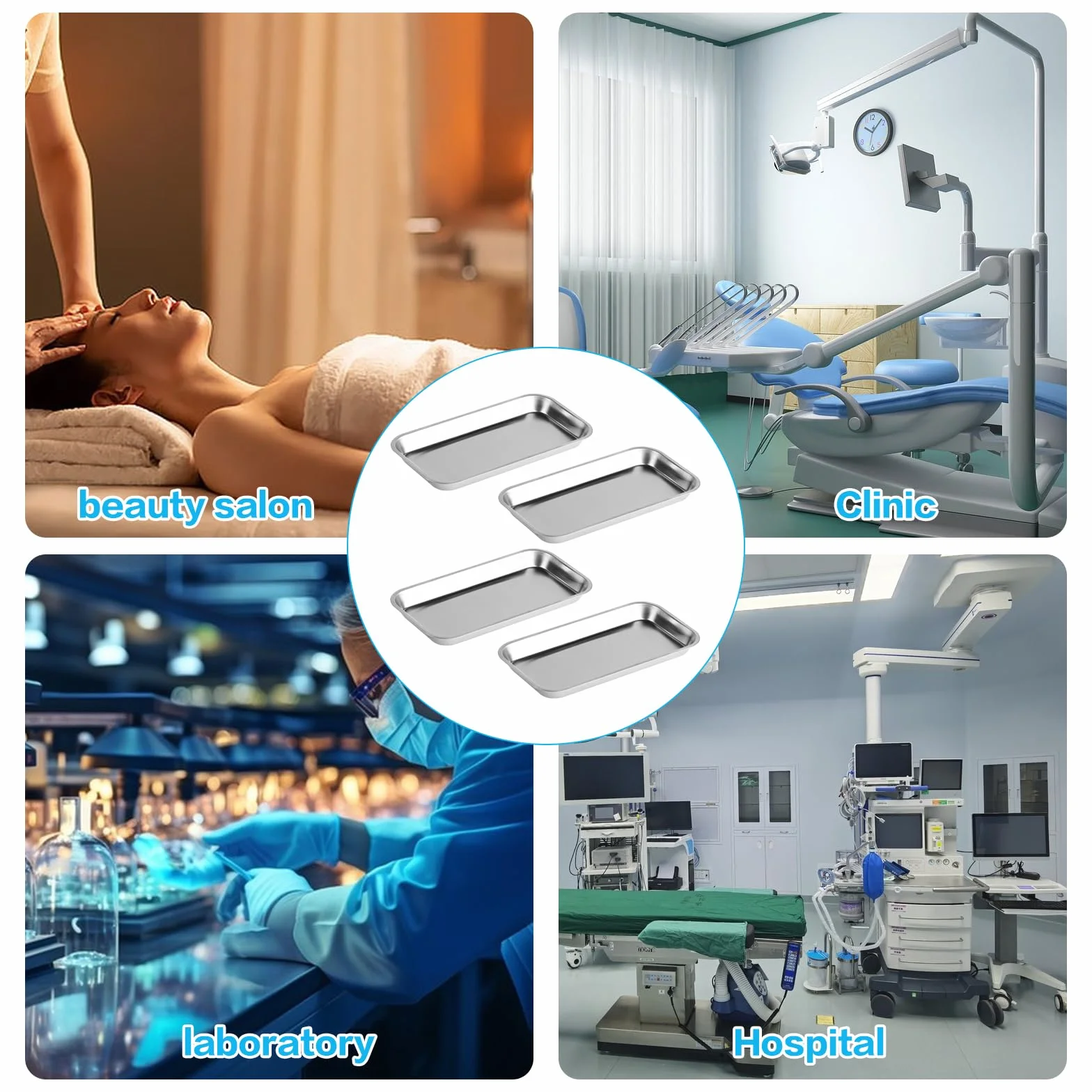 4 szt. prostokątna miska ze stali nierdzewnej, taca na instrumenty, taca ze stali nierdzewnej, taca metalowa, prostokątne tace laboratoryjne, stal nierdzewna, talerze do serwowania do laboratorium