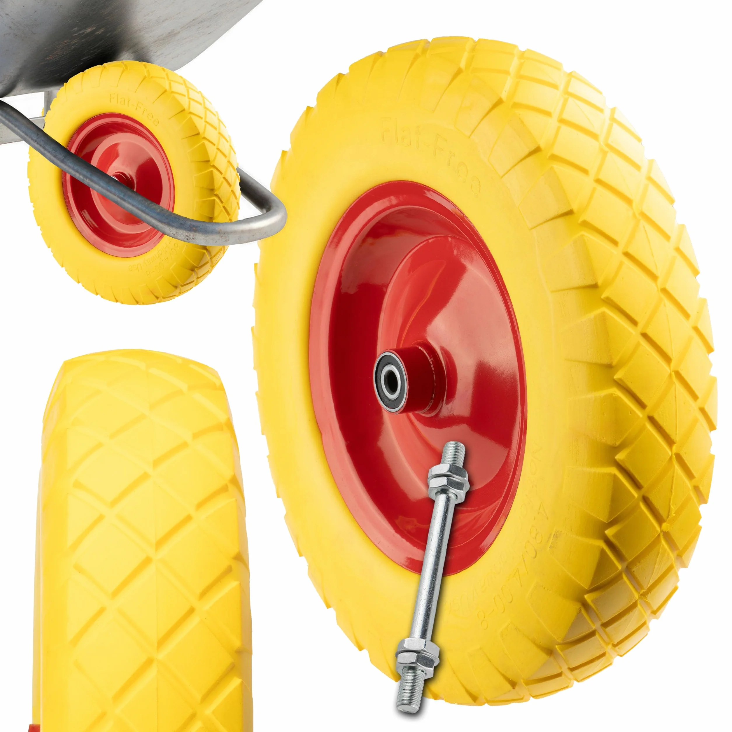 Koło do Taczki Pełne Stałe 4.00-8 PU Żółta Guma Wysokiej Jakości Bezdętkowe Metalowa Felga z Ośką max 130kg