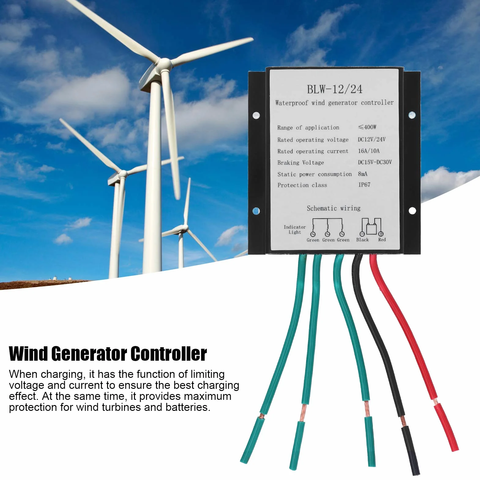 Sterownik Generatora Turbiny Wiatrowej, Wodoodporny IP67 DC12-24V Automatyczny Sterownik BLW‑12/24 400W Regulator ładowania Akumulatora