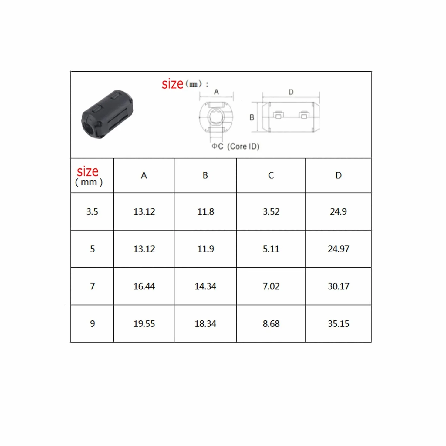 JZK 25 x czarny klips z pierścieniem ferrytowym RFI EMI klips do kabla tłumiącego hałas, średnica wewnętrzna 3,5 mm 5 mm 7 mm 9 mm do kabla USB, kabla myszy i kabla klawiatury