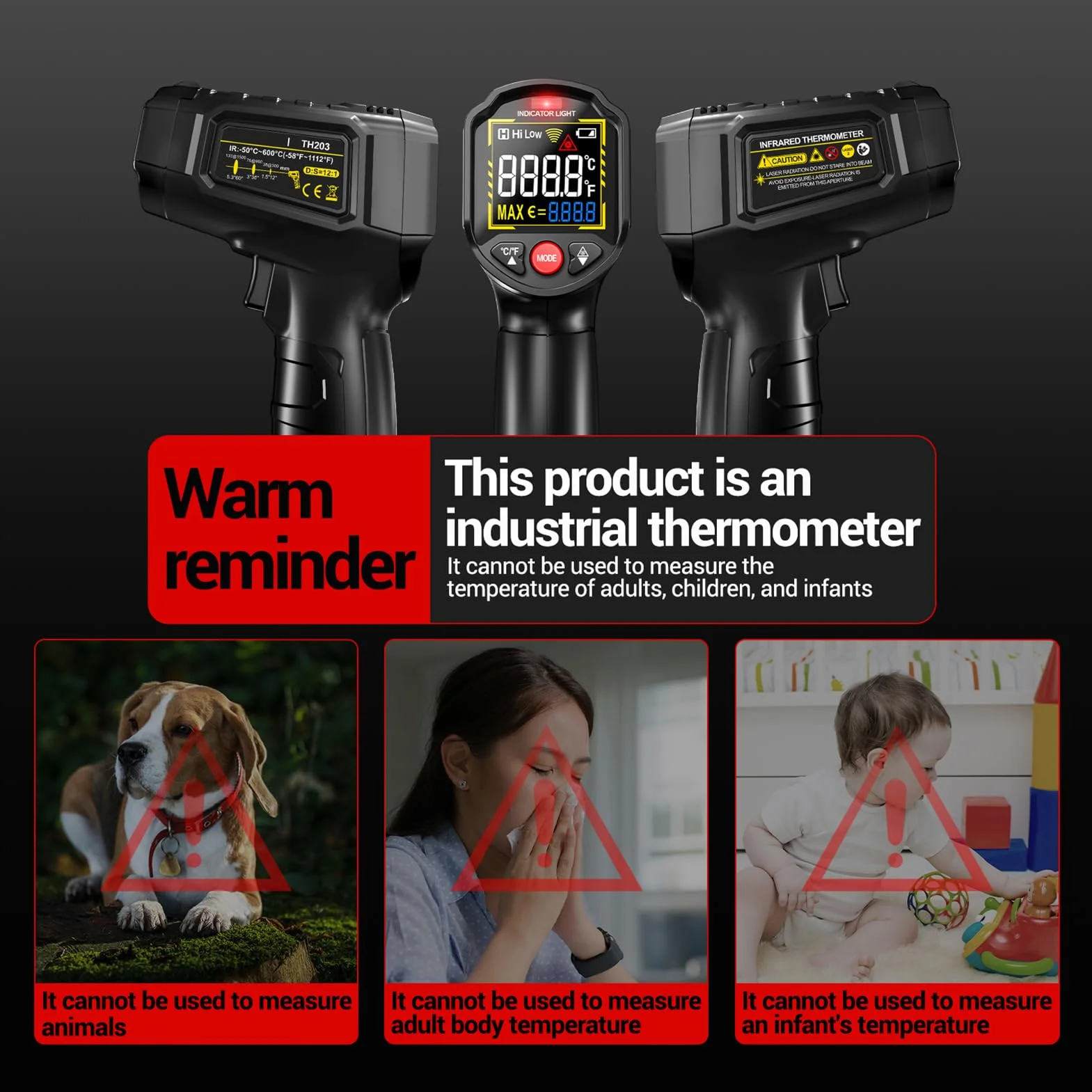 Fabater Bezdotykowy Pistolet do Pomiaru Temperatury, Regulowana emisyjność, Termometr na podczerwień (BLACK)
