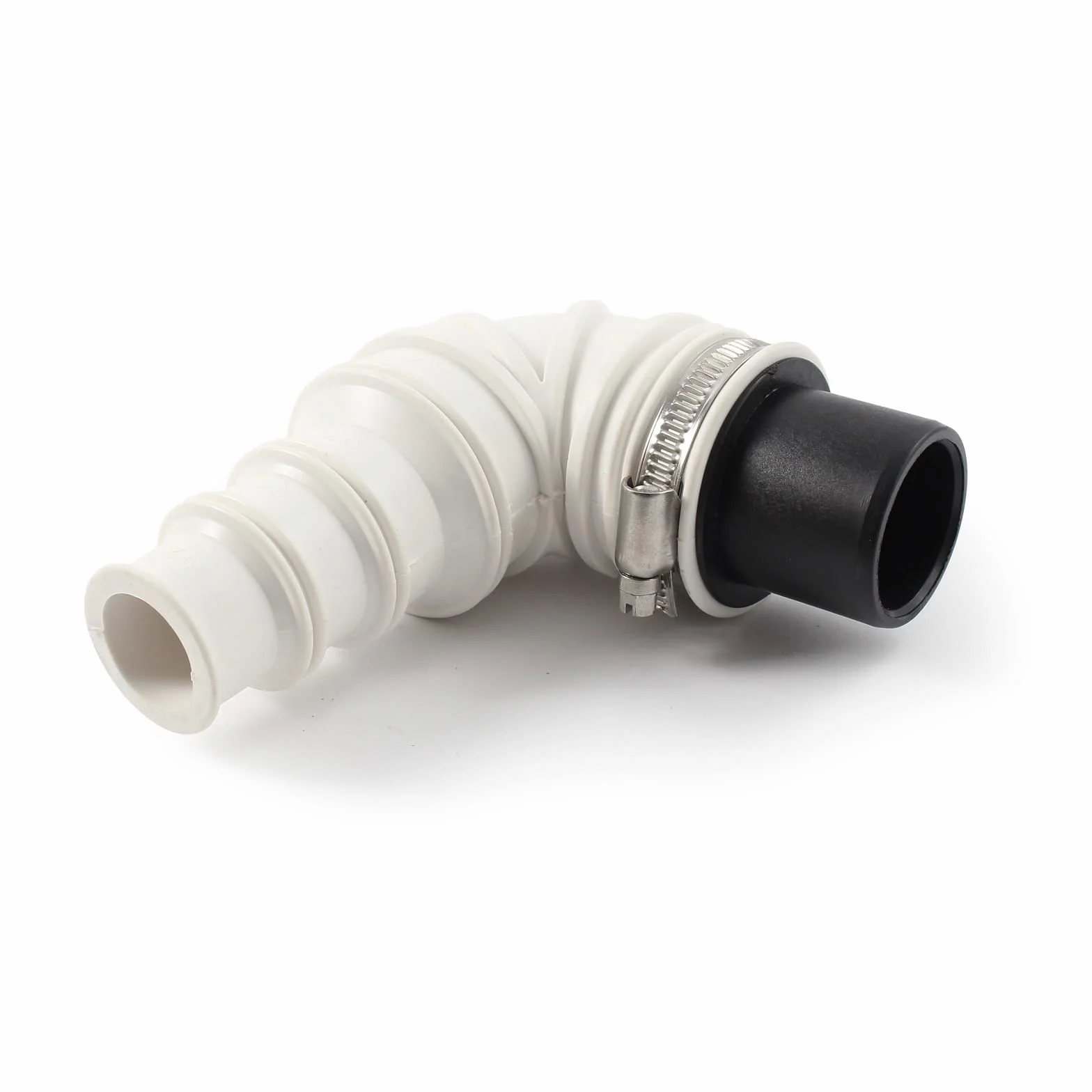 Zawór zwrotny Wiltec DN40 do zastosowań sanitarnych, zawór zwrotny o średnicy zewnętrznej 40 mm, kolanko 90° ze stopniowaną wylewką i zacisk węża