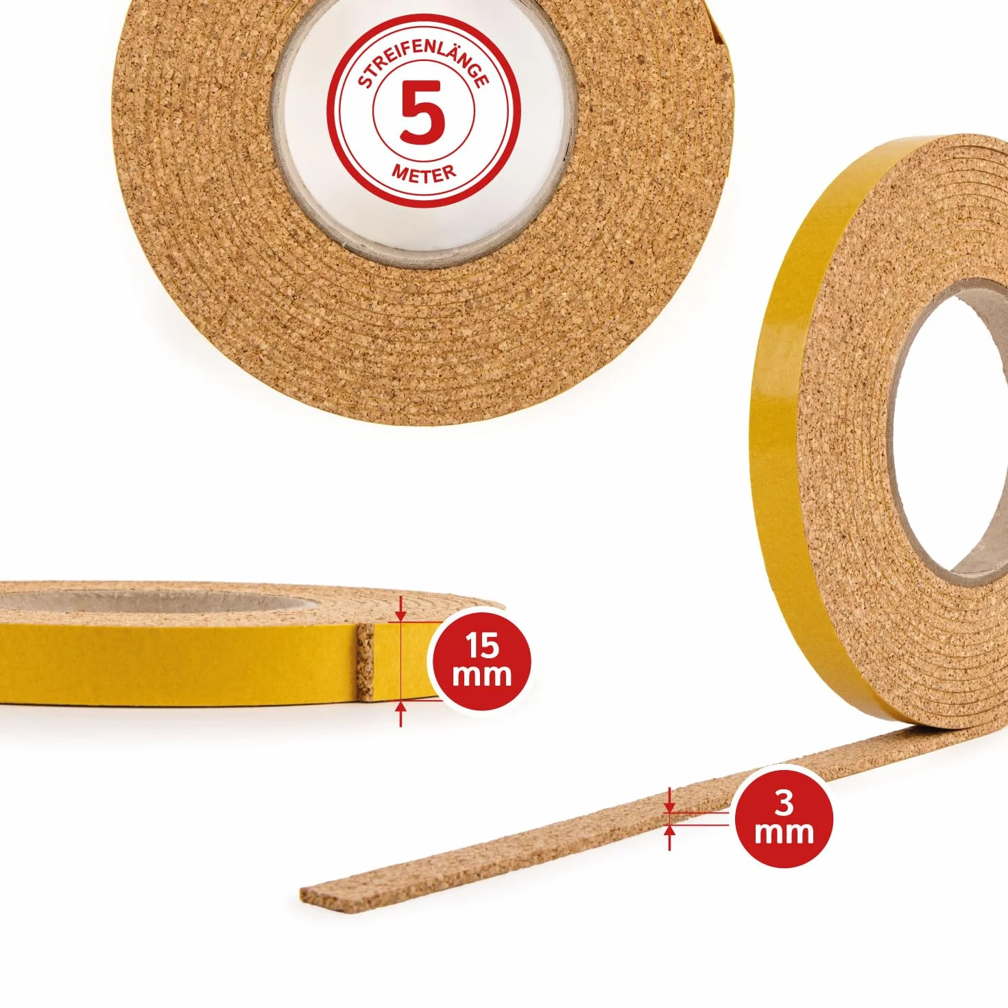 Samoprzylepne paski korkowe, długość 5 m, szerokość 1,5 cm i grubość 3 mm, możliwość przycięcia, szczelina rozszerzająca, taśma korkowa – Made in Germany