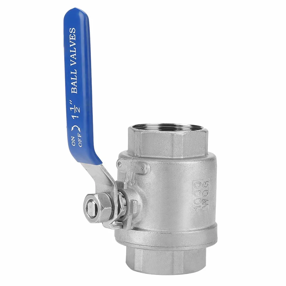 Dwuczęściowy, Pełny Port żeński, 2 Nierdzewny Zawór Kulowy Zawór Kulowy Gwintowany 1-1/2 "DN40 1000 WOG 304 Stal Nierdzewna z Wytrzymałym Niebieskim Uchwytem Izolacyjnym z Winylu