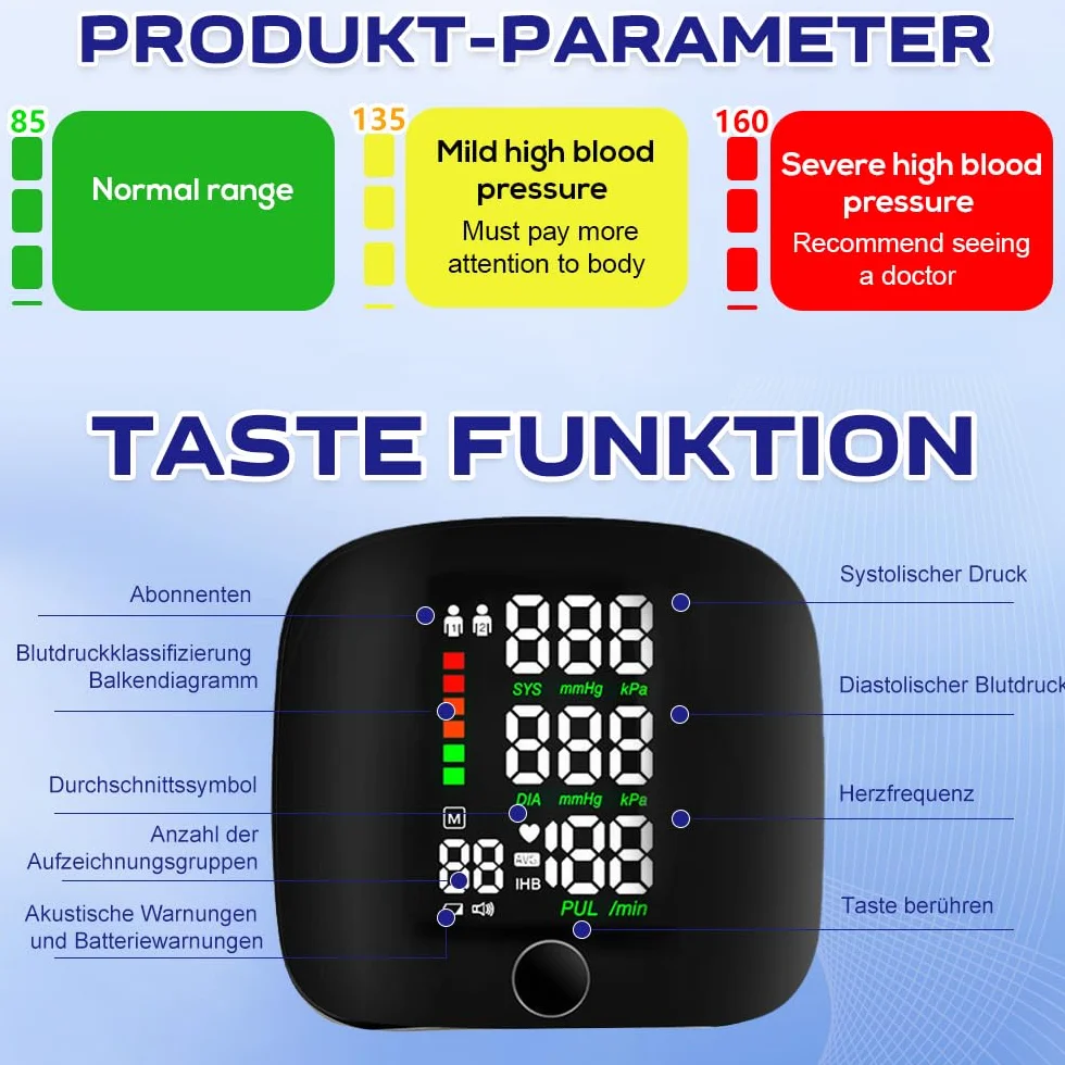 Cyfrowy ciśnieniomierz na nadgarstek z pamięcią 99 odczytów, ekran LCD, automatyczny