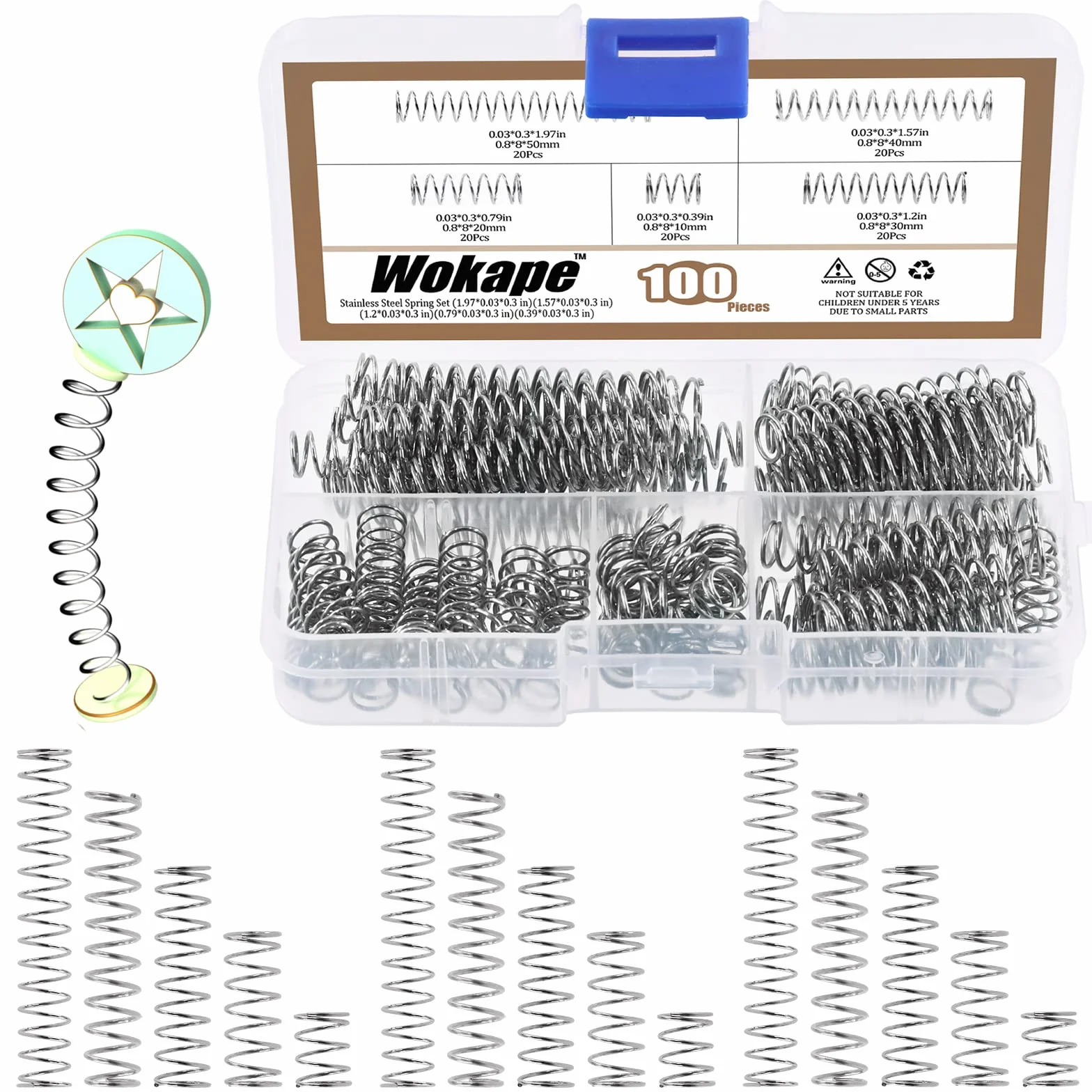 100 szt. 0,8 mm grubości, zestaw asortymentowy sprężyn kompresyjnych, 5 rozmiarów, mini sprężyny ze stali nierdzewnej do naprawy sklepu i domu, 8 mm, średnica zewnętrzna 10/20/30/40/50 mm