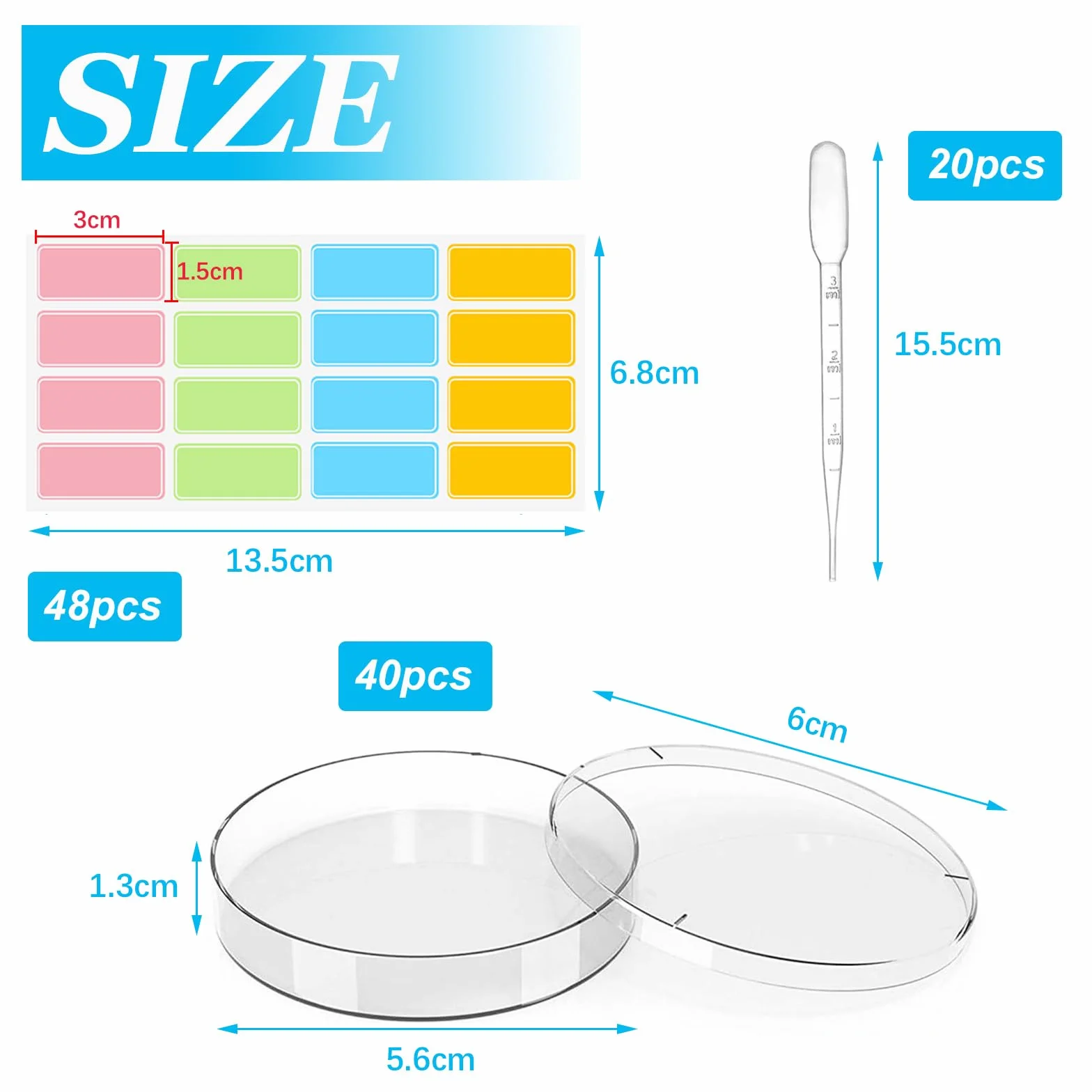 Sterylne szalki Petriego 60 mm z tworzywa sztucznego z pokrywką zestaw 40 sztuk z 20 pipetami