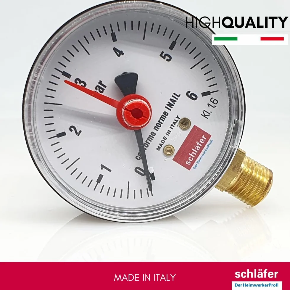 Schläfer 0930164 | 1/4" BSP pionowy manometr hydrauliczny z przyłączem promieniowym, skala 0-6 bar 63 mm do instalacji termicznych powietrza wodnego wskaźnik ciśnienia hydraulicznego