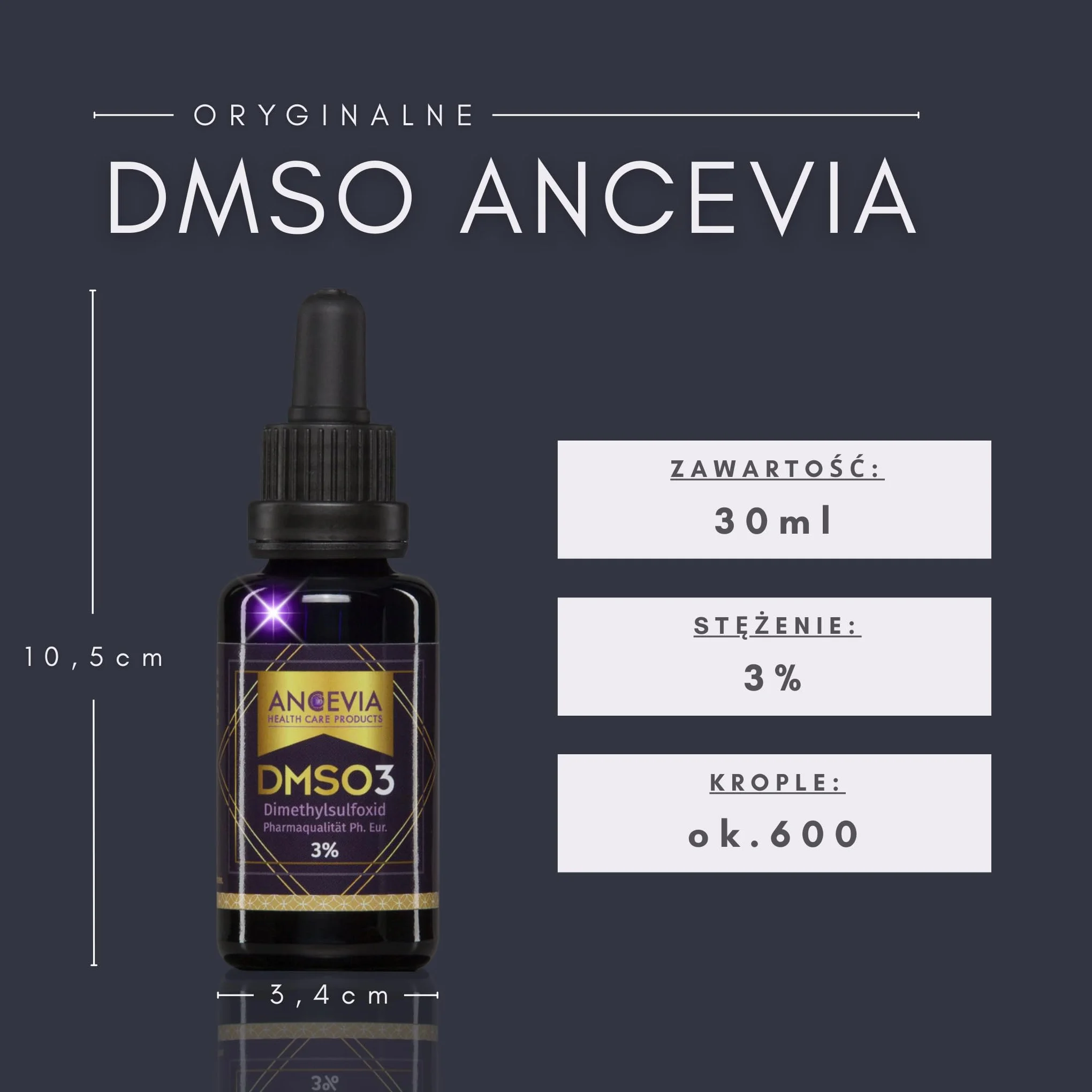ANCEVIA® DMSO 3% Krople (30ml) - Gotowy do użycia (Bez rozcieńczania) - Wyprodukowano w Niemczech - Dimetylosulfotlenek w szkle MIRON (Ochrona UV) - Czystość Farmaceutyczna