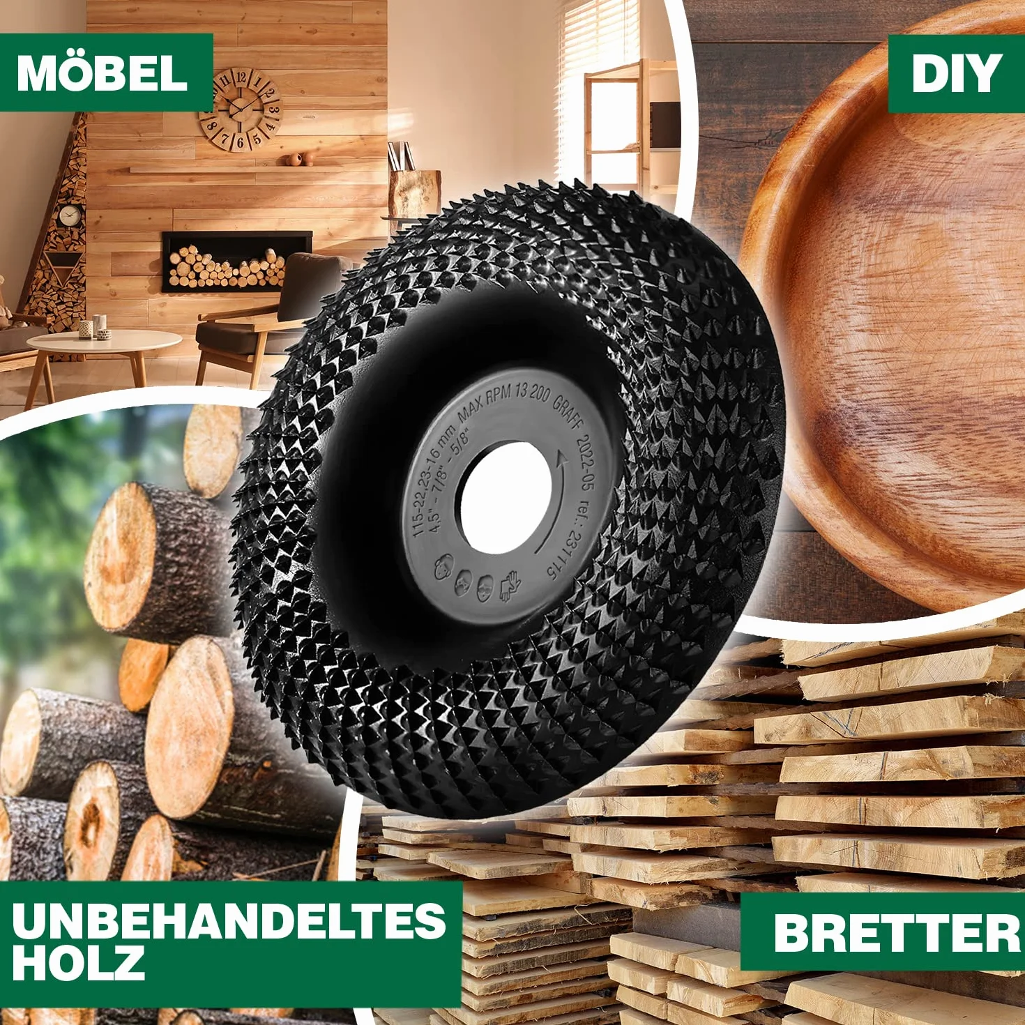 GRAFF Frez do drewna klasy premium, 115 mm, do rzeźbienia i szlifowania drewna, miękkiego drewna, twardego drewna – szlifierka do drewna do szlifierek kątowych i Flex – tarcza szlifierska do narzędzi