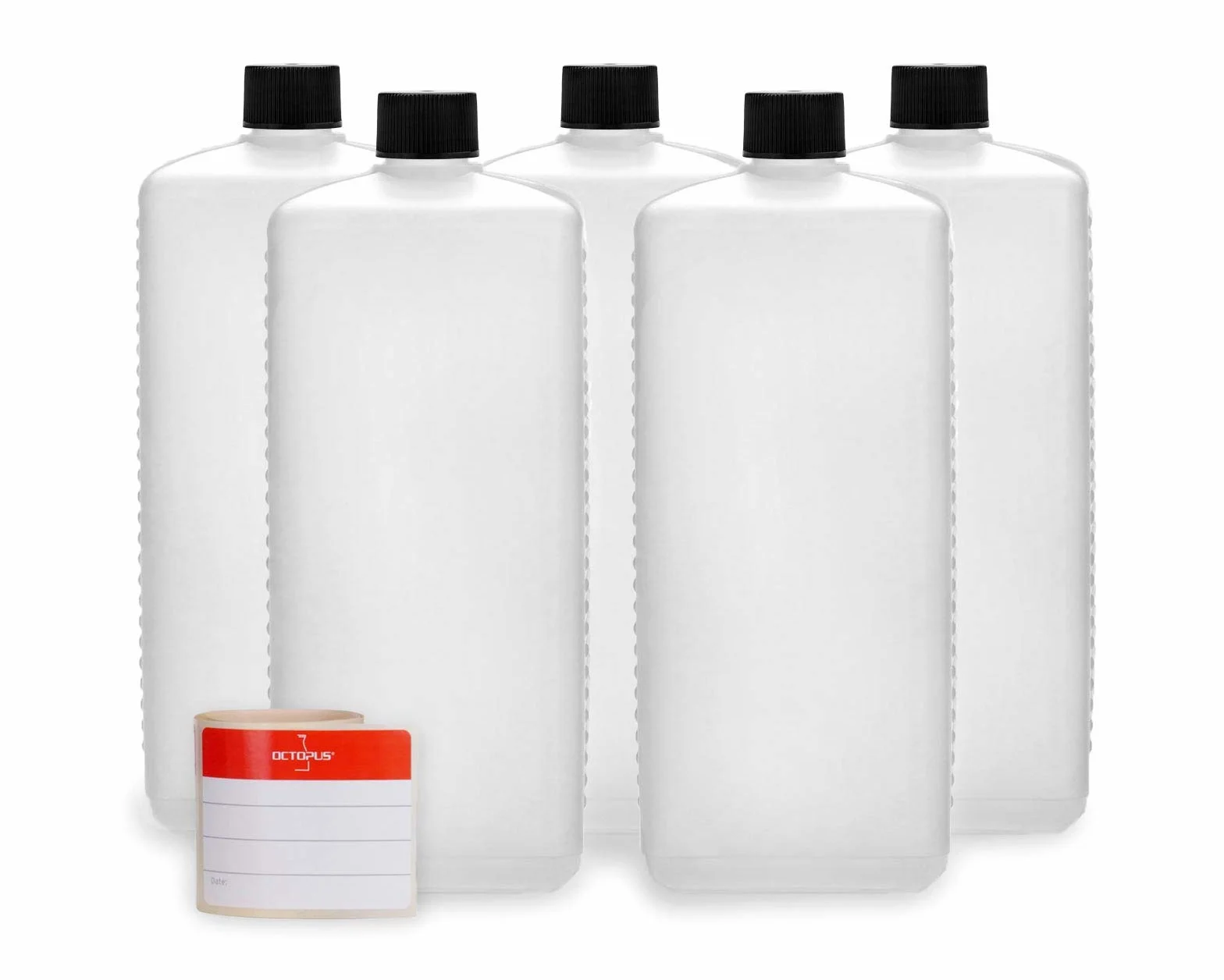 Octopus 5 x 1000 ml butelka HDPE czarne zakrętki puste kwadratowe etykietowane