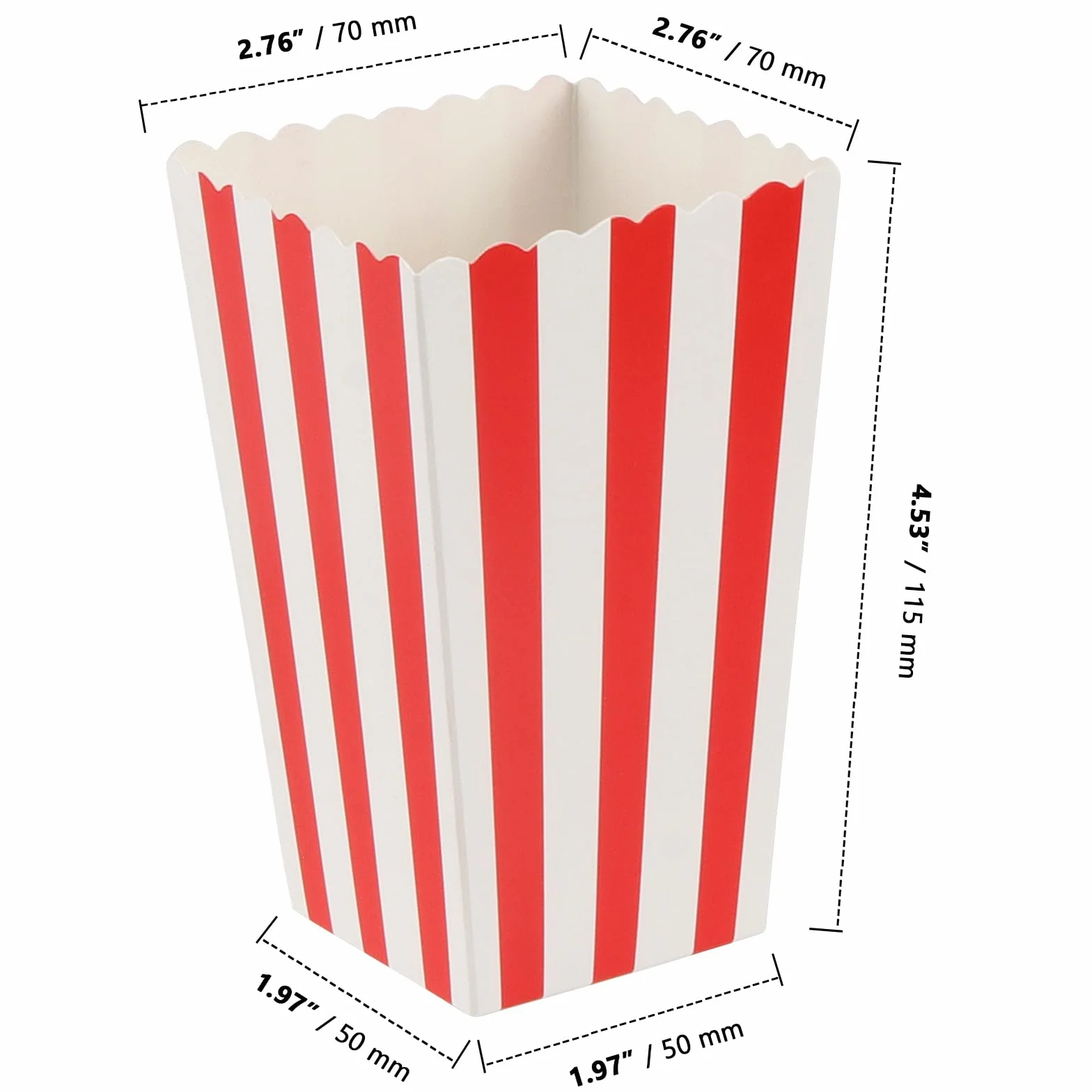 ZOENHOU 120 sztuk torebek na popcorn czerwono-białe paski mini pudełka na przekąski kartonowe pojemniki na słodycze zestaw
