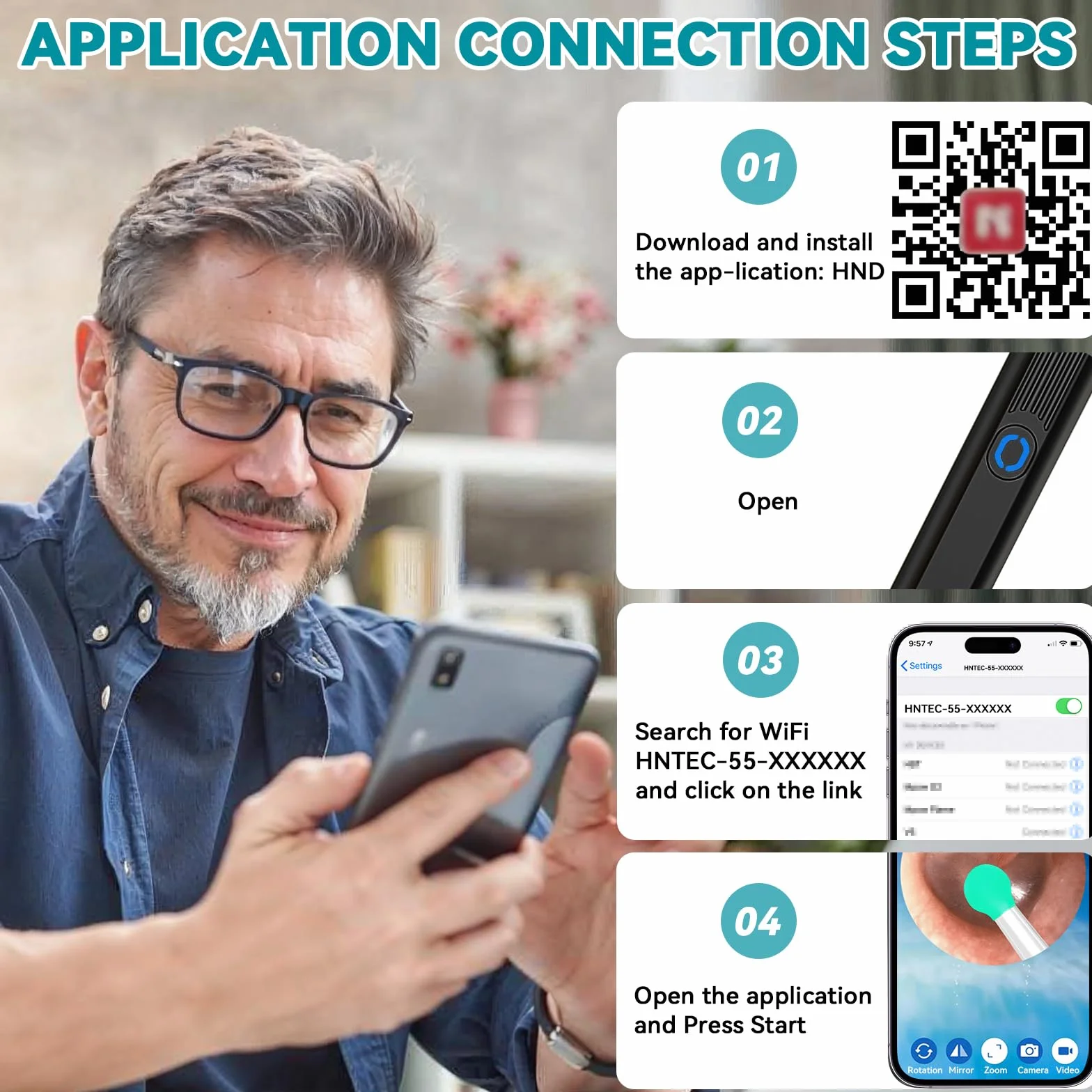 Endoskop uszny, WiFi, endoskop, otoskop, 1080P, IP67, wodoodporna kamera uszna HD z 6 diodami LED, otoskop, kompatybilna z ios i Androidem, dla iPhone, Android, iPad, dorosłych, dzieci, z