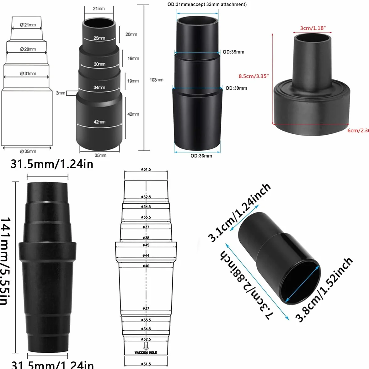 5 Sztuk Uniwersalny Adapter Węża do Rury Odkurzacza– Wąż do Bosch, Makita, Kärcher itp