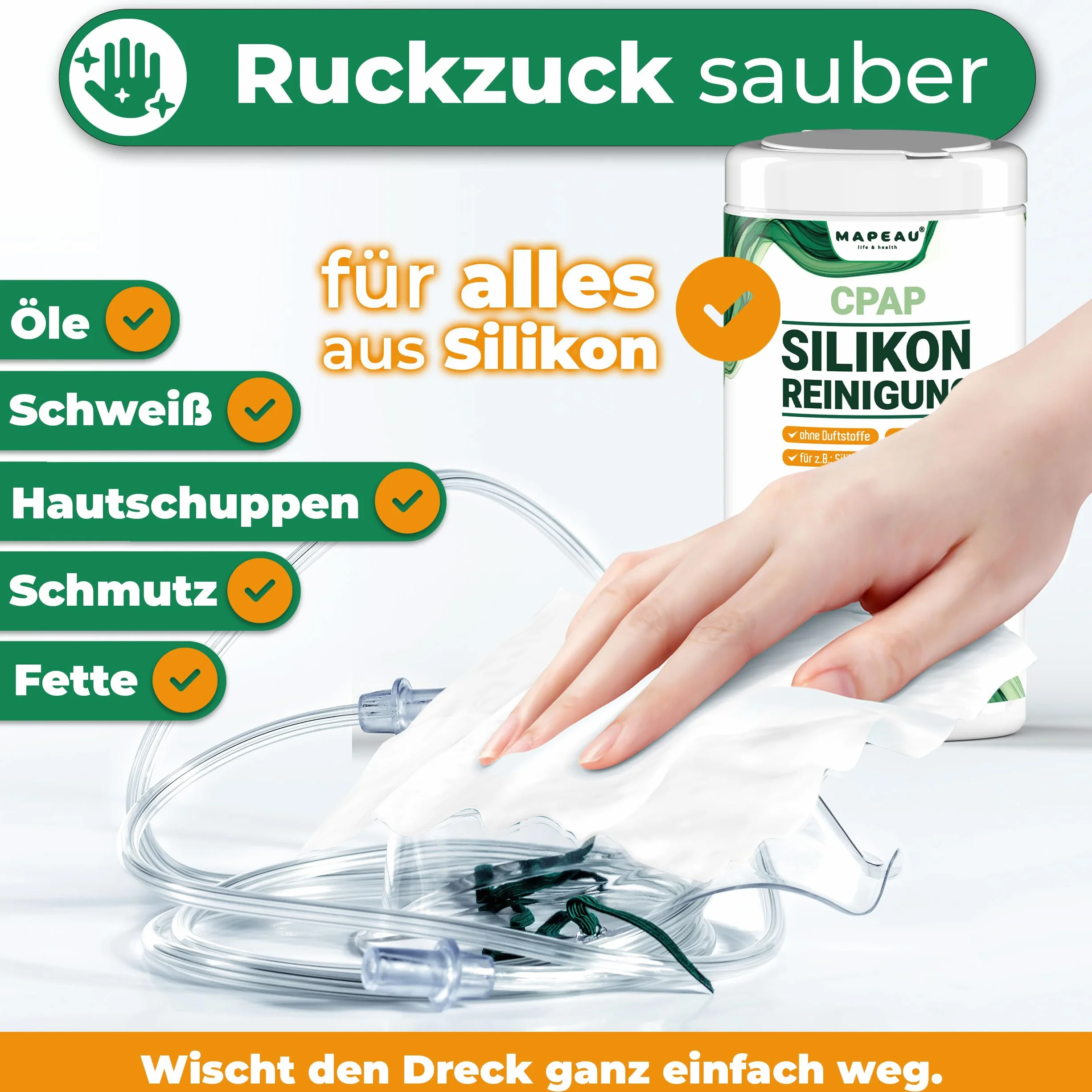 Chusteczki czyszczące CPAP 100 sztuk, bezzapachowe, bezalkoholowe, celulozowe do silikonu