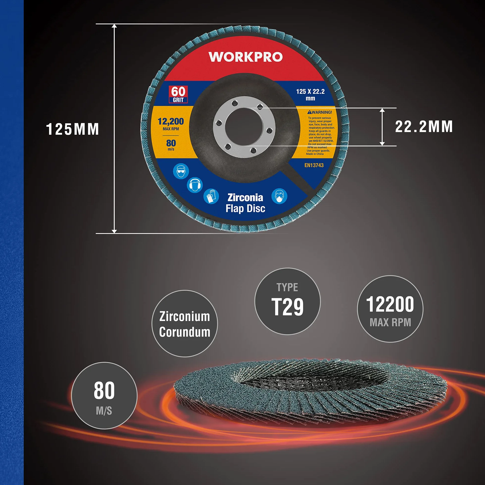 WORKPRO Zestaw 10 tarcz ściernych 125 mm, ziarno 60, najwyższej jakości tarcza szlifierska z tlenku glinu do usuwania zadziorów, rdzy, polerowania, wykończenia