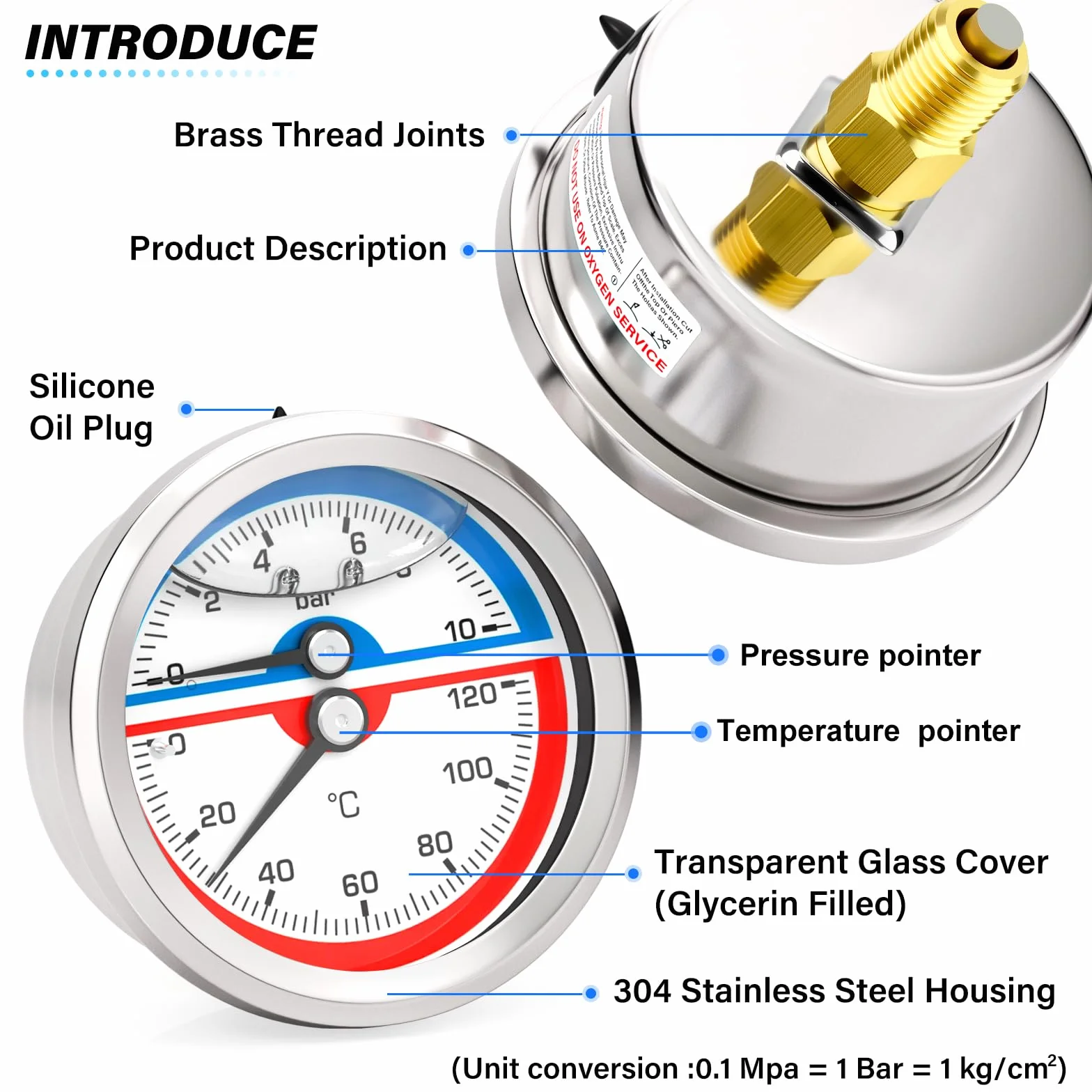 MEANLIN MEASURE ciśnieniomierz ze stali nierdzewnej 0~10 BAR/150 PSI 0~120℃ 1/4" BSP 2,5" FACE DIAL