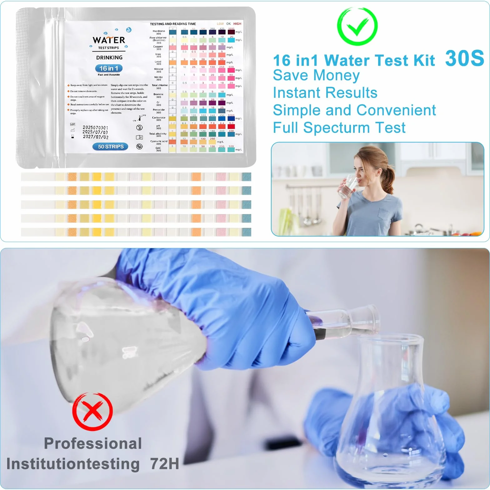 TNSLAND 50 x 16 w 1 paski testowe do wody pitnej, paski testowe pH wody, jakość wody, pomiar twardości wody, test wody na obecność ołowiu, żelaza, miedzi itp. Tester wartości pH w domu, do akwarium