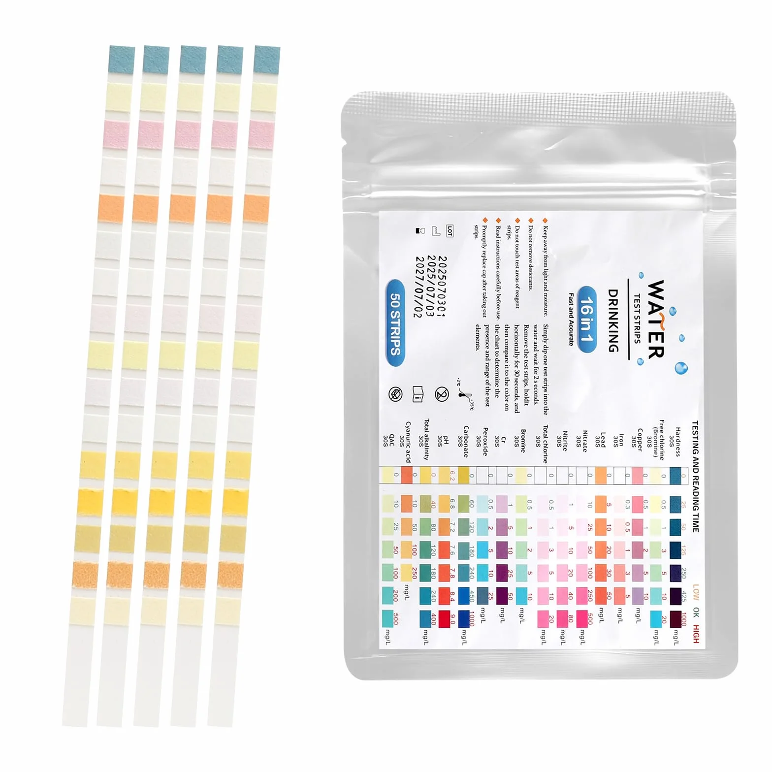 TNSLAND 50 x 16 w 1 paski testowe do wody pitnej, paski testowe pH wody, jakość wody, pomiar twardości wody, test wody na obecność ołowiu, żelaza, miedzi itp. Tester wartości pH w domu, do akwarium