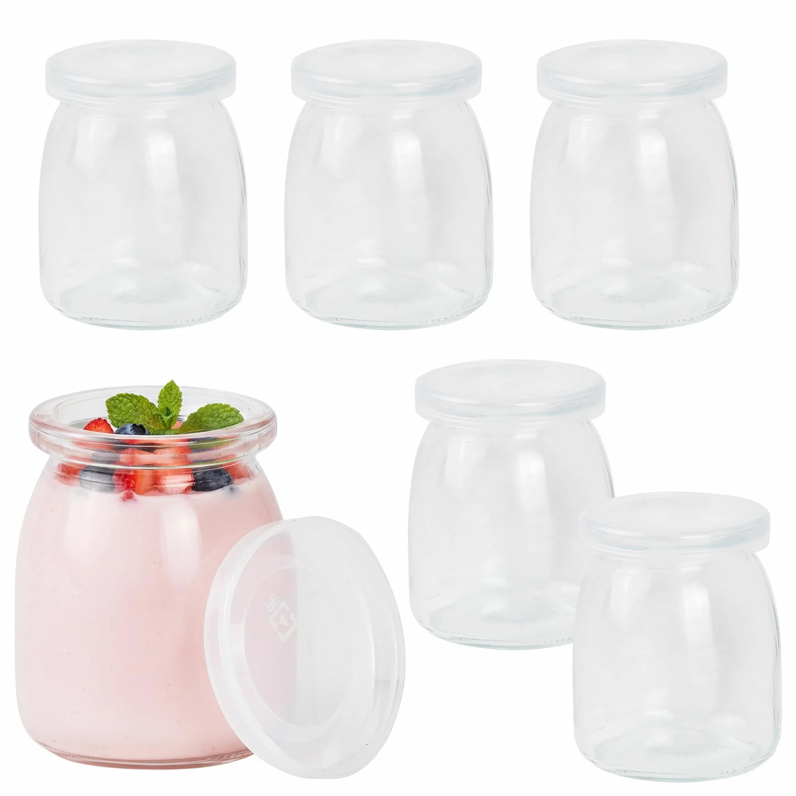 6 przezroczystych słoików do jogurtu z pokrywką, 200 ml, przezroczyste szklanki deserowe, wielokrotnego użytku, na jogurt, na desery, galaretki, miód, tiramisu, musli, musli